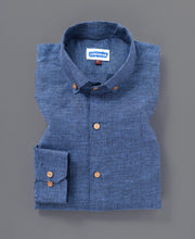 Blue Textured Pure Linen Shirt Full Sleeve Casual Beachwear Look