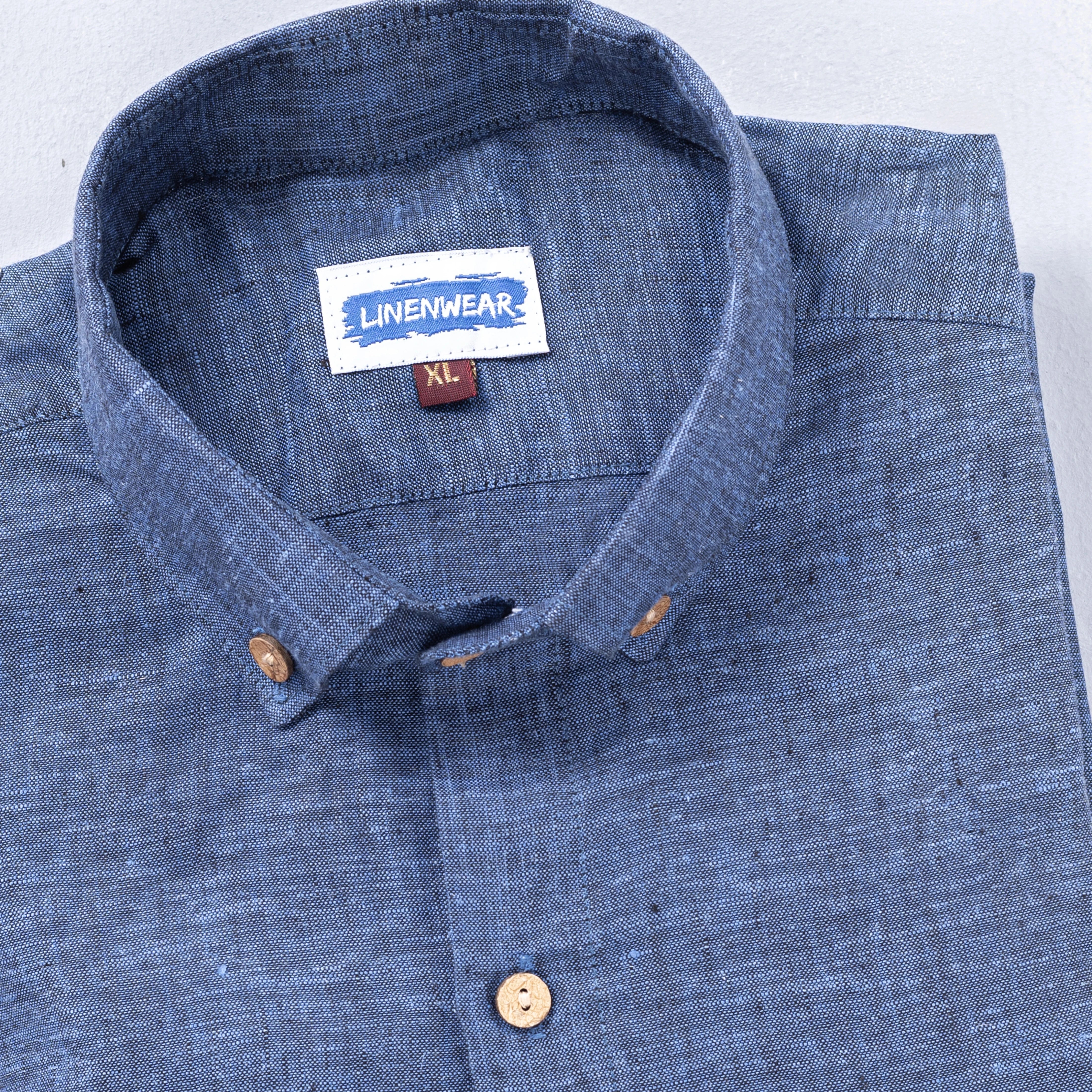 Blue Textured Pure Linen Shirt Full Sleeve Casual Beachwear Look