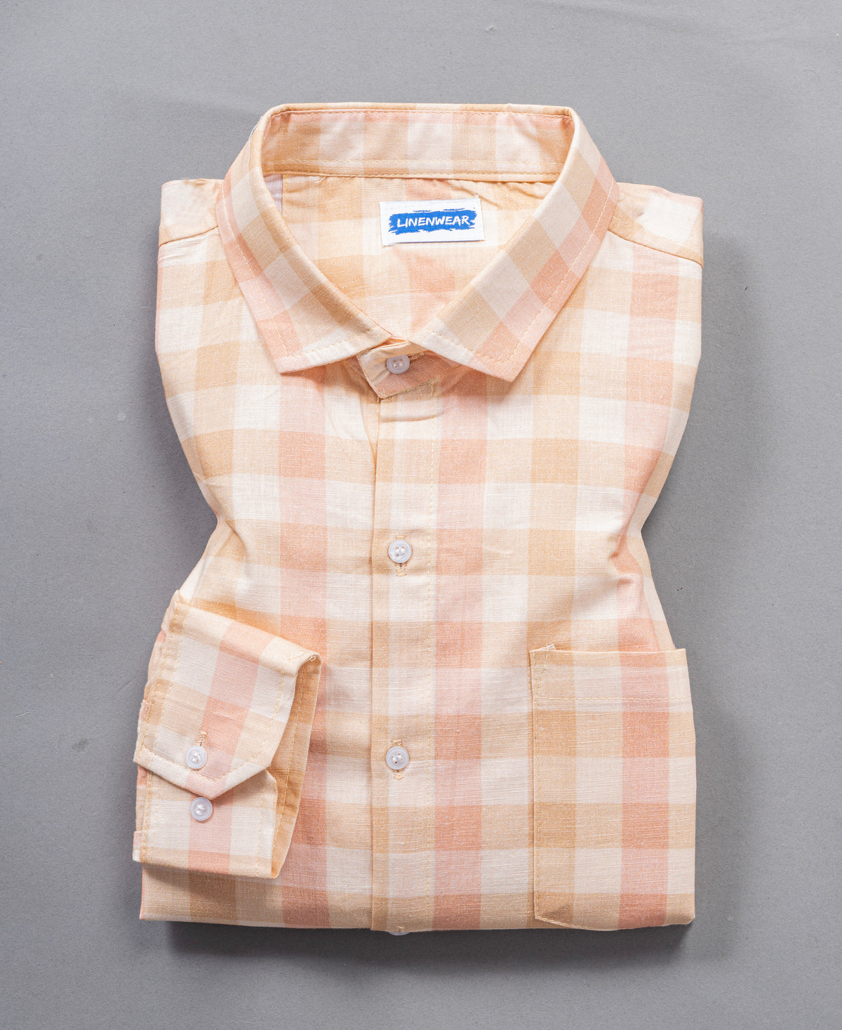 Peach Pink Checked Cotton Linen Shirt