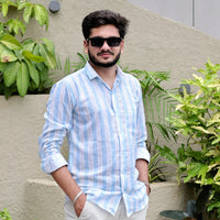 Breathable Cotton Linen Shirt for Men – Blue White Vertical Stripe Design
