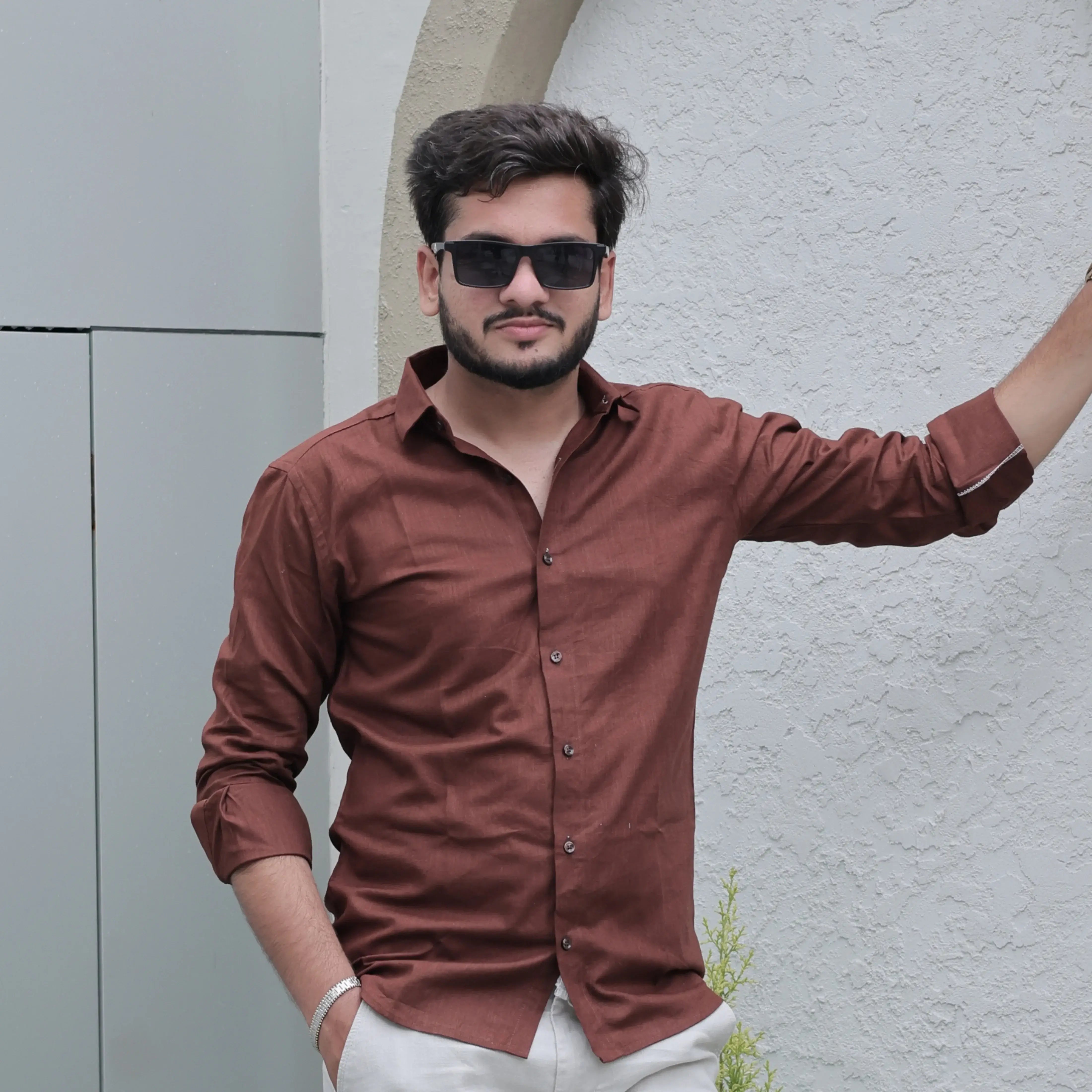 Men’s Regular Fit Rust Brown Cotton Linen Shirt