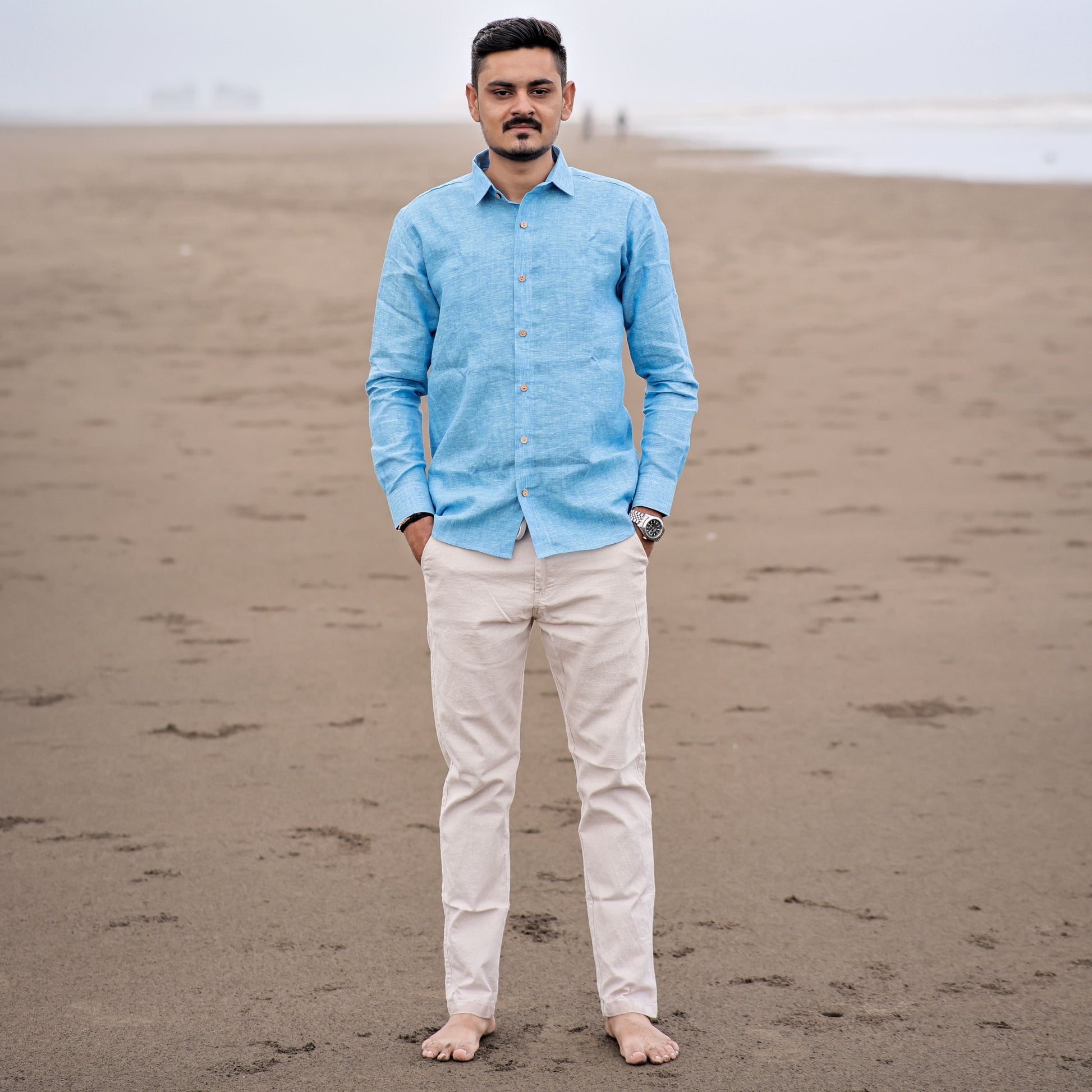 Cool Breeze Sky Blue Pure Linen Everyday Shirt for Men