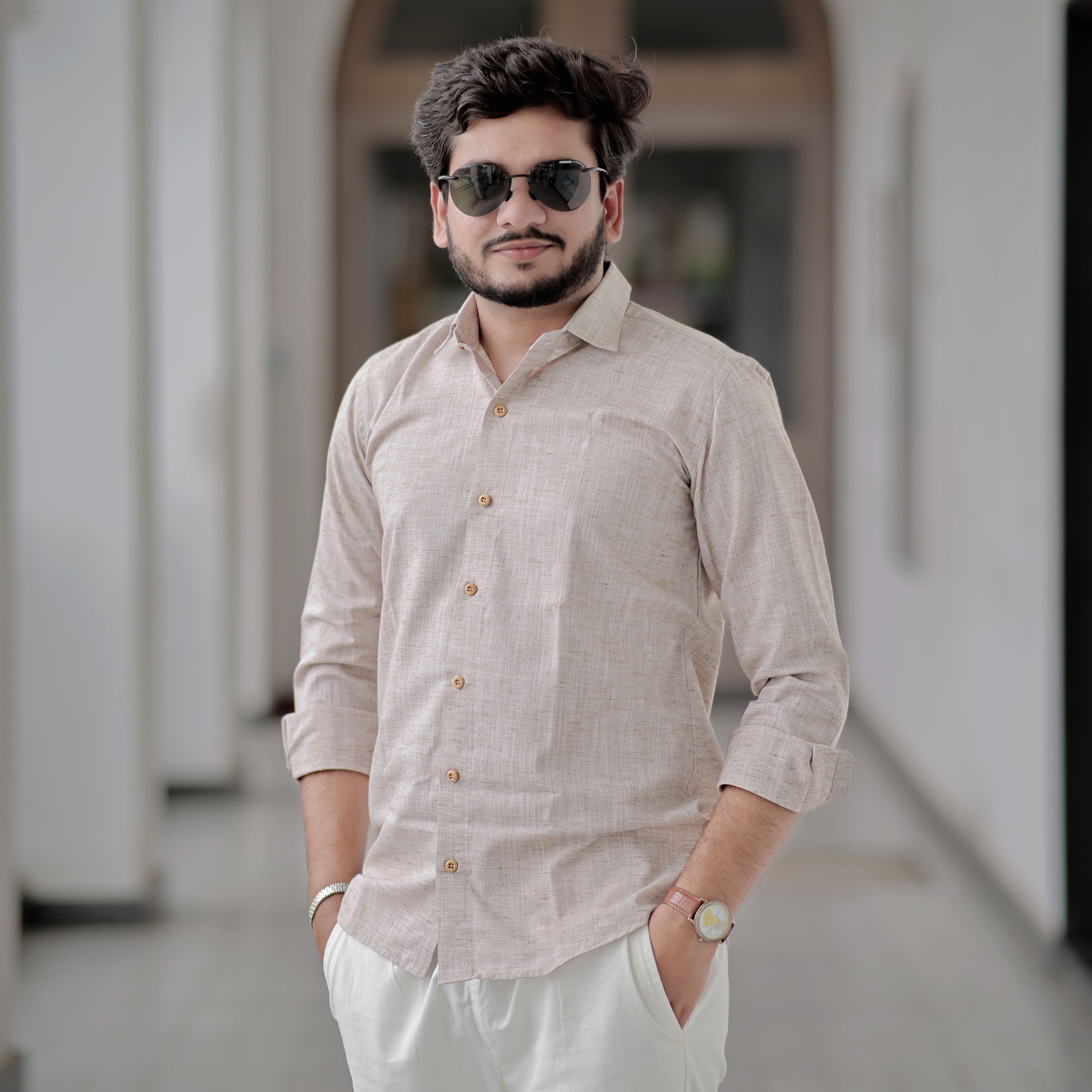 Beige Comfort Wear Sandy Shore Pure Linen Full Sleeve Shirt