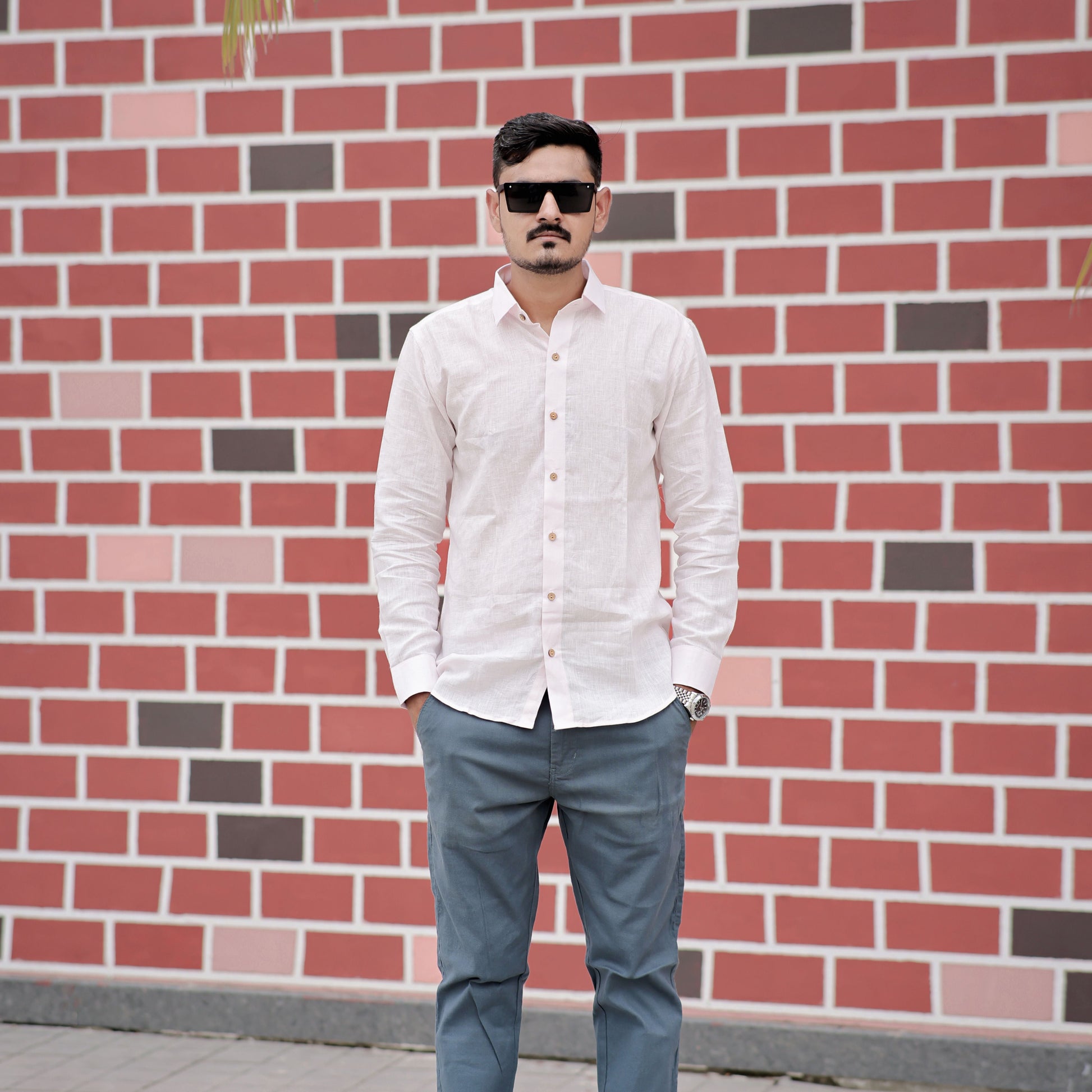 Comfortable Pure Linen Pink Blossom Spread Collar Shirt