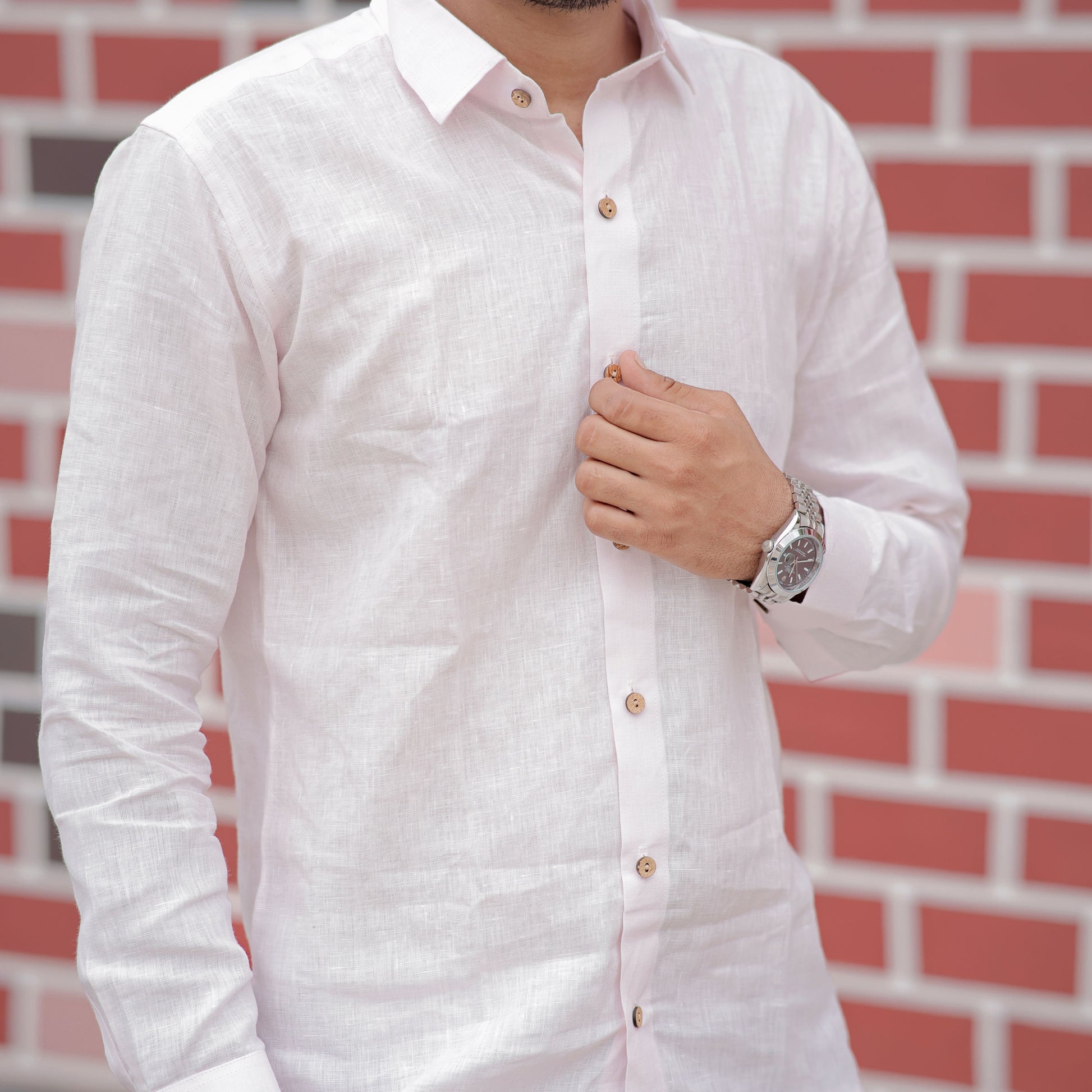 Comfortable Pure Linen Pink Blossom Spread Collar Shirt