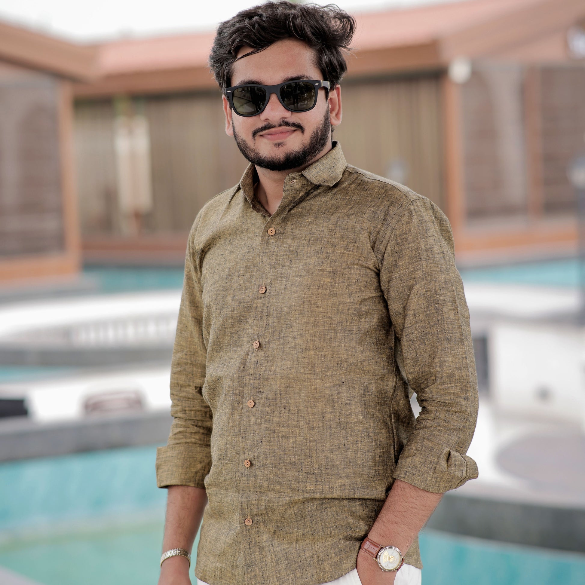 Olive green linen shirt men
