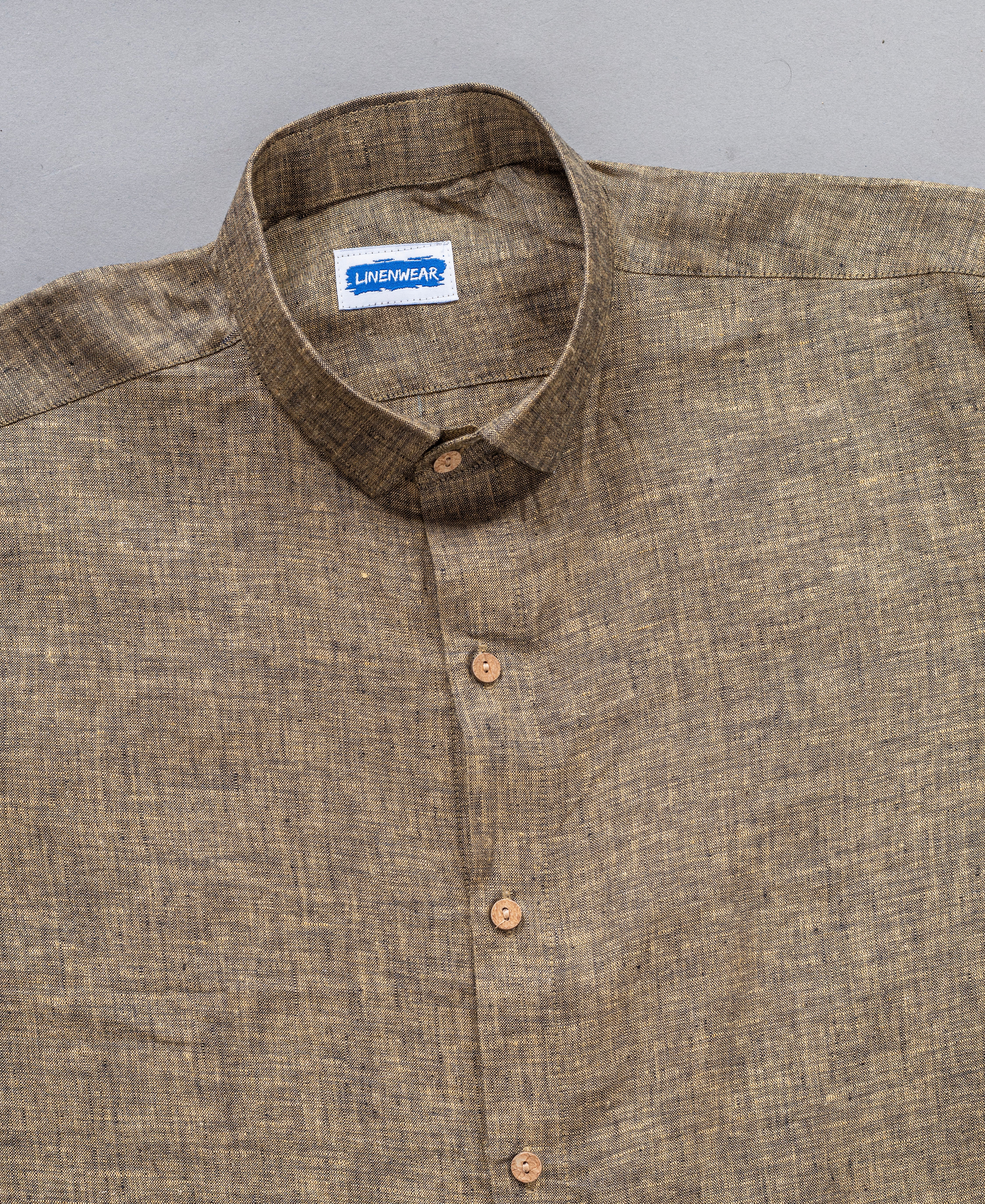 Full Sleeve Olive Green Pure Linen Wooden Button Shirt