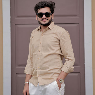Solid Pattern with Spread Collar Ivory Glow Pure Linen Shirt