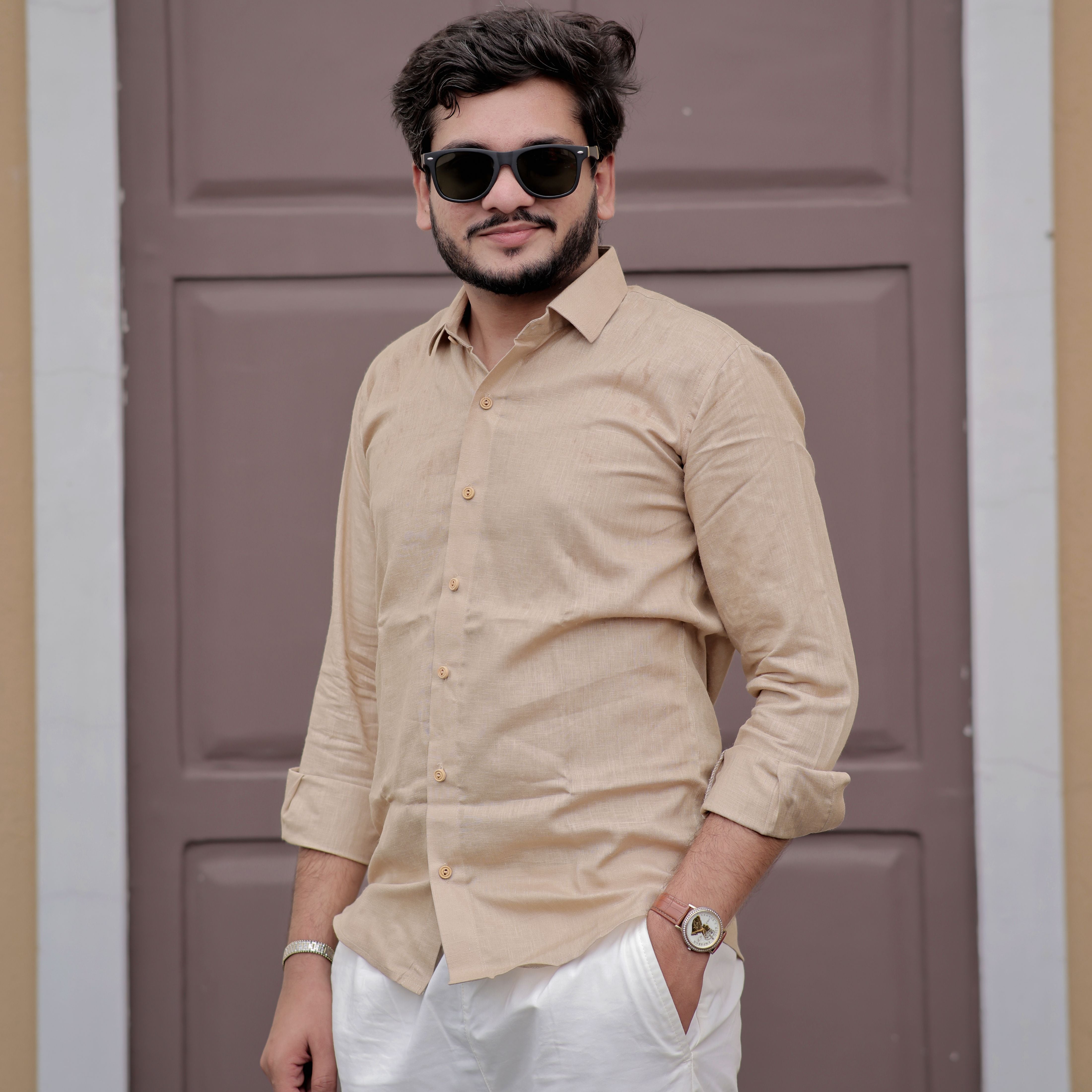 Solid Pattern with Spread Collar Ivory Glow Pure Linen Shirt