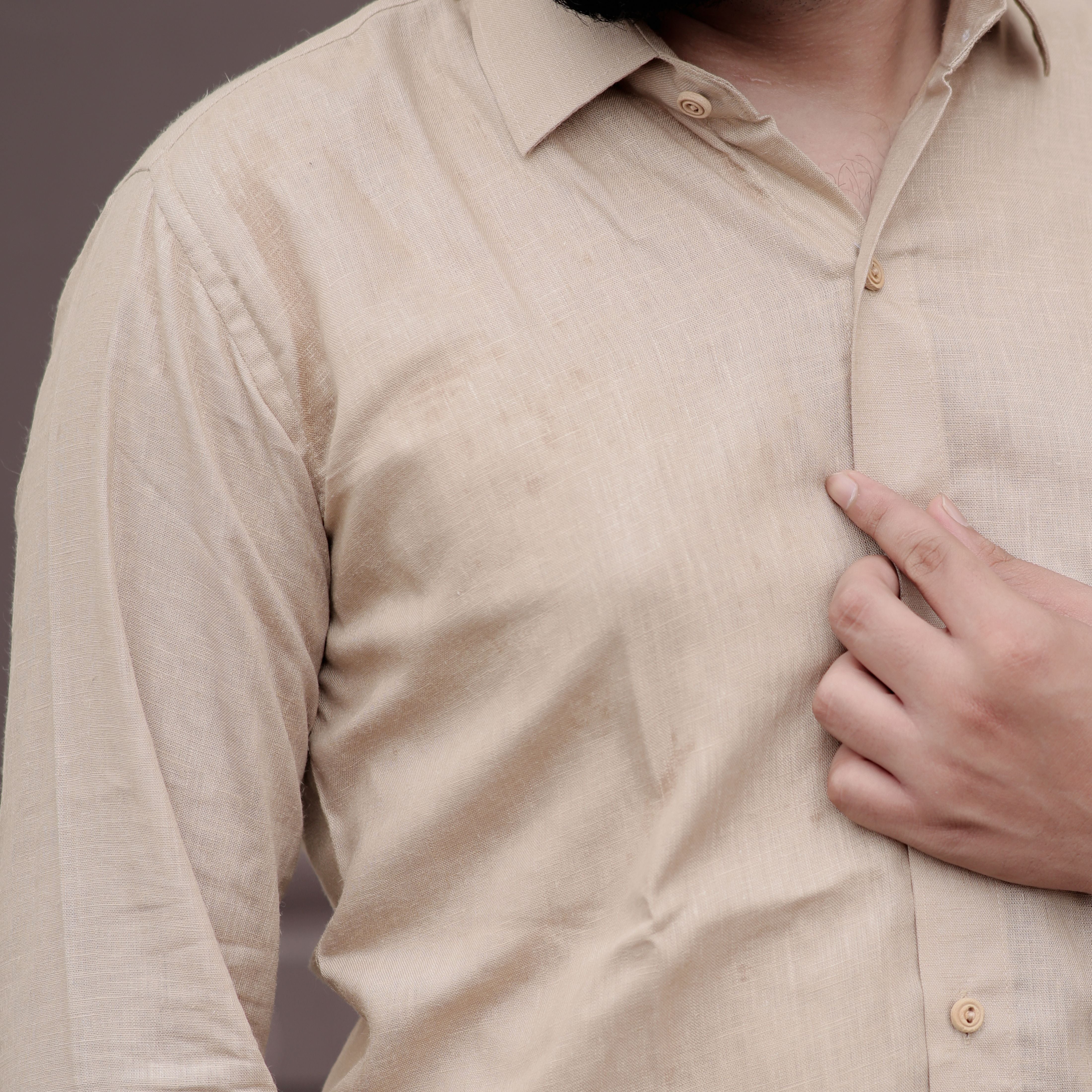 Solid Pattern with Spread Collar Ivory Glow Pure Linen Shirt