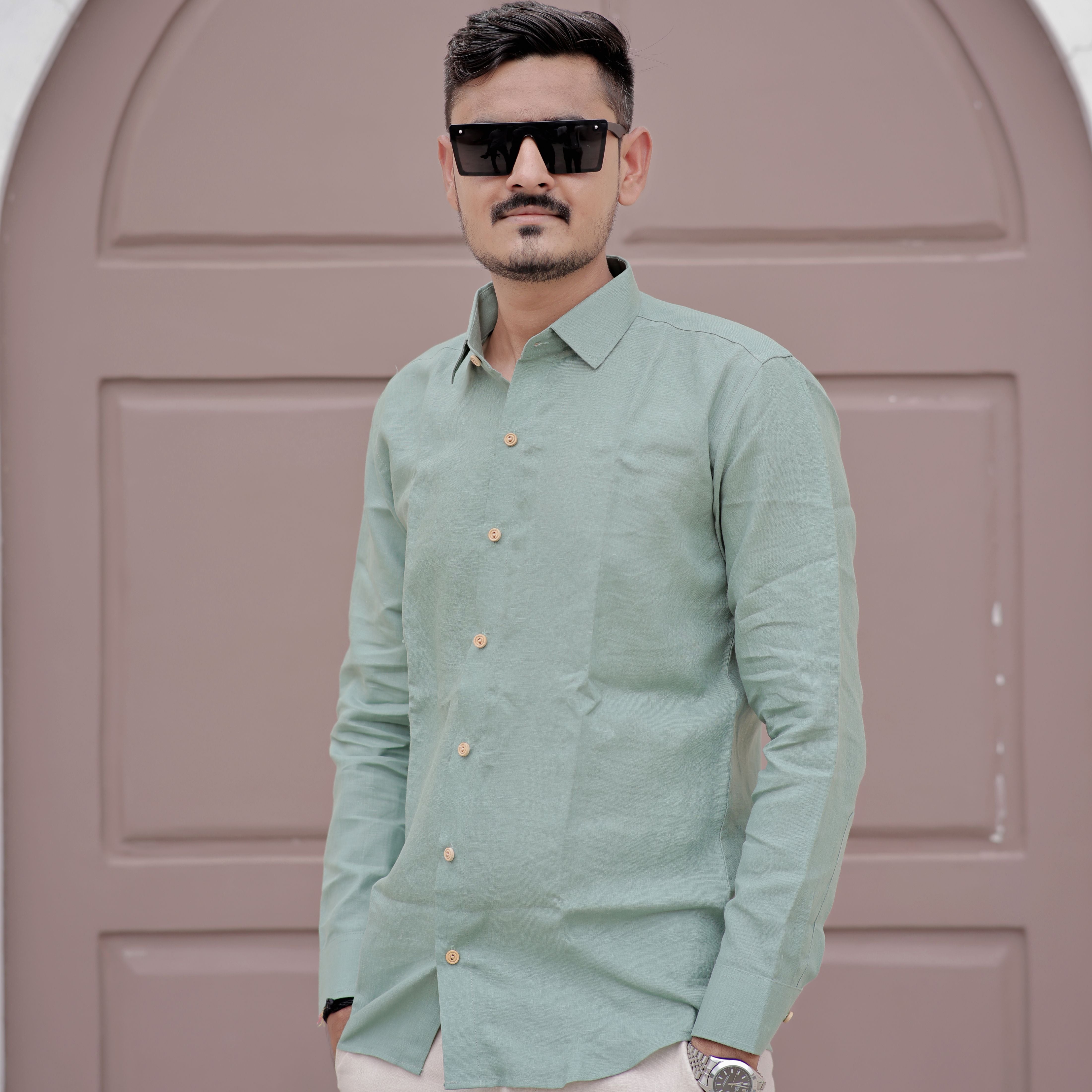 Full Sleeve Pure Linen Forest Mist Green Comfort Shirt
