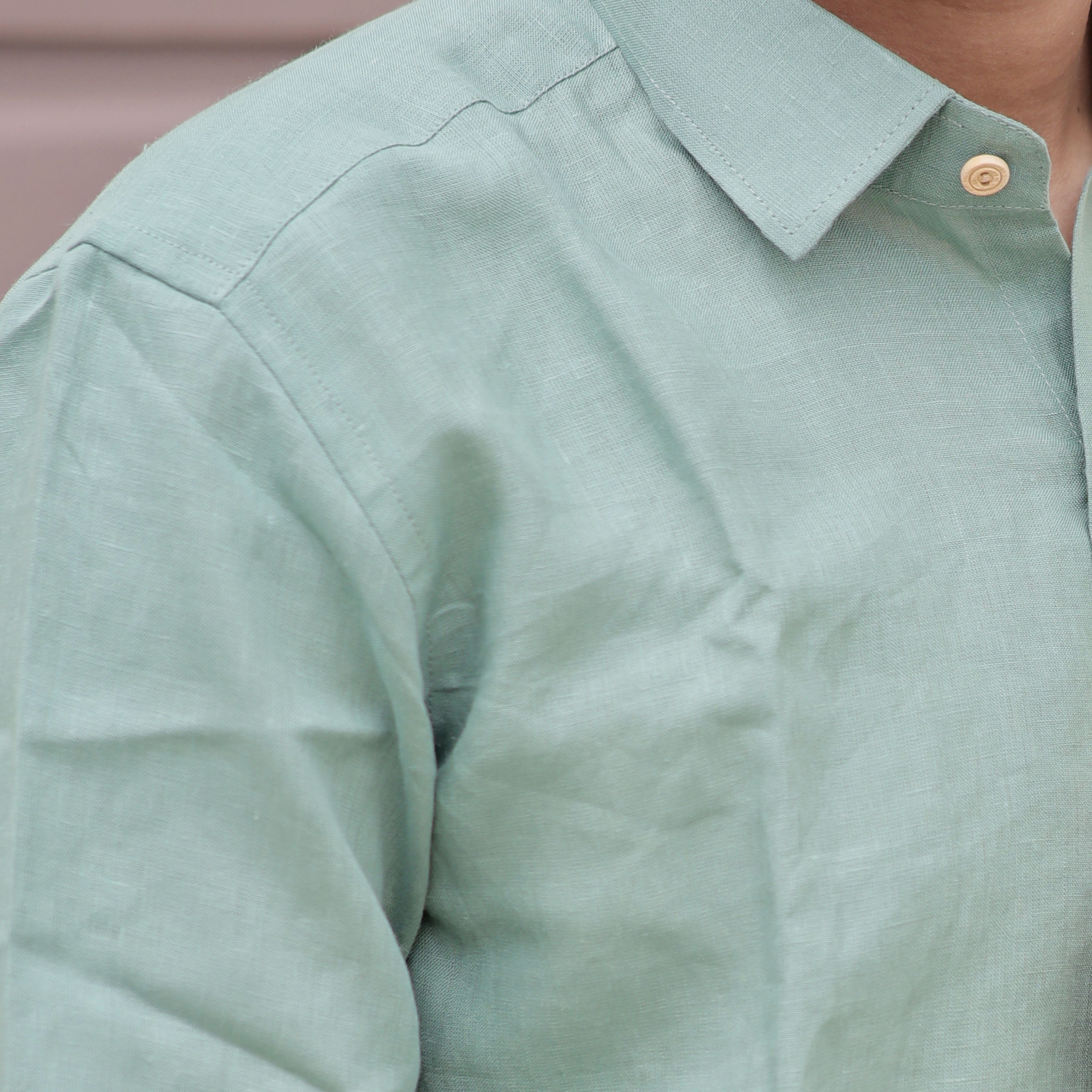 Full Sleeve Pure Linen Forest Mist Green Comfort Shirt