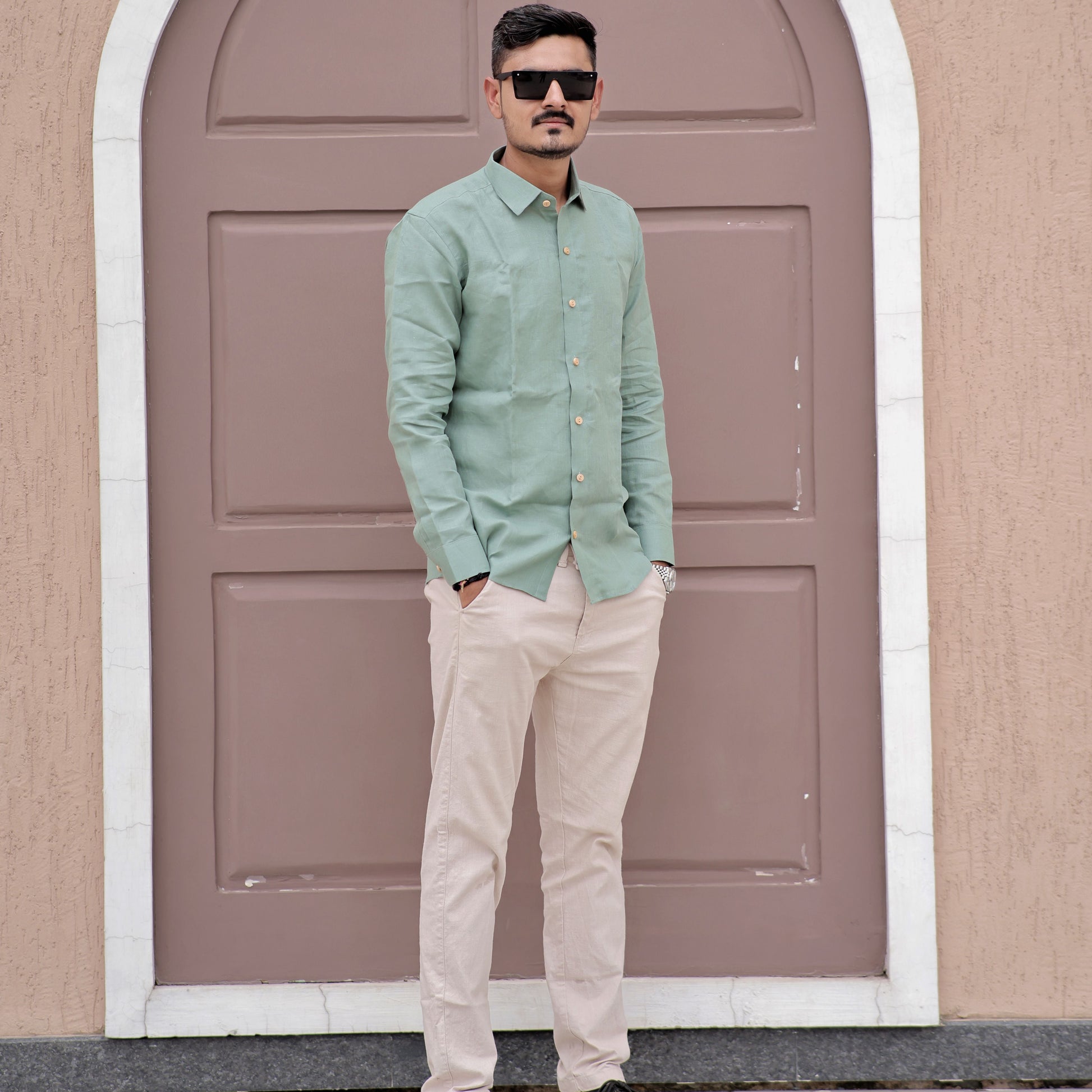 Full Sleeve Pure Linen Forest Mist Green Comfort Shirt