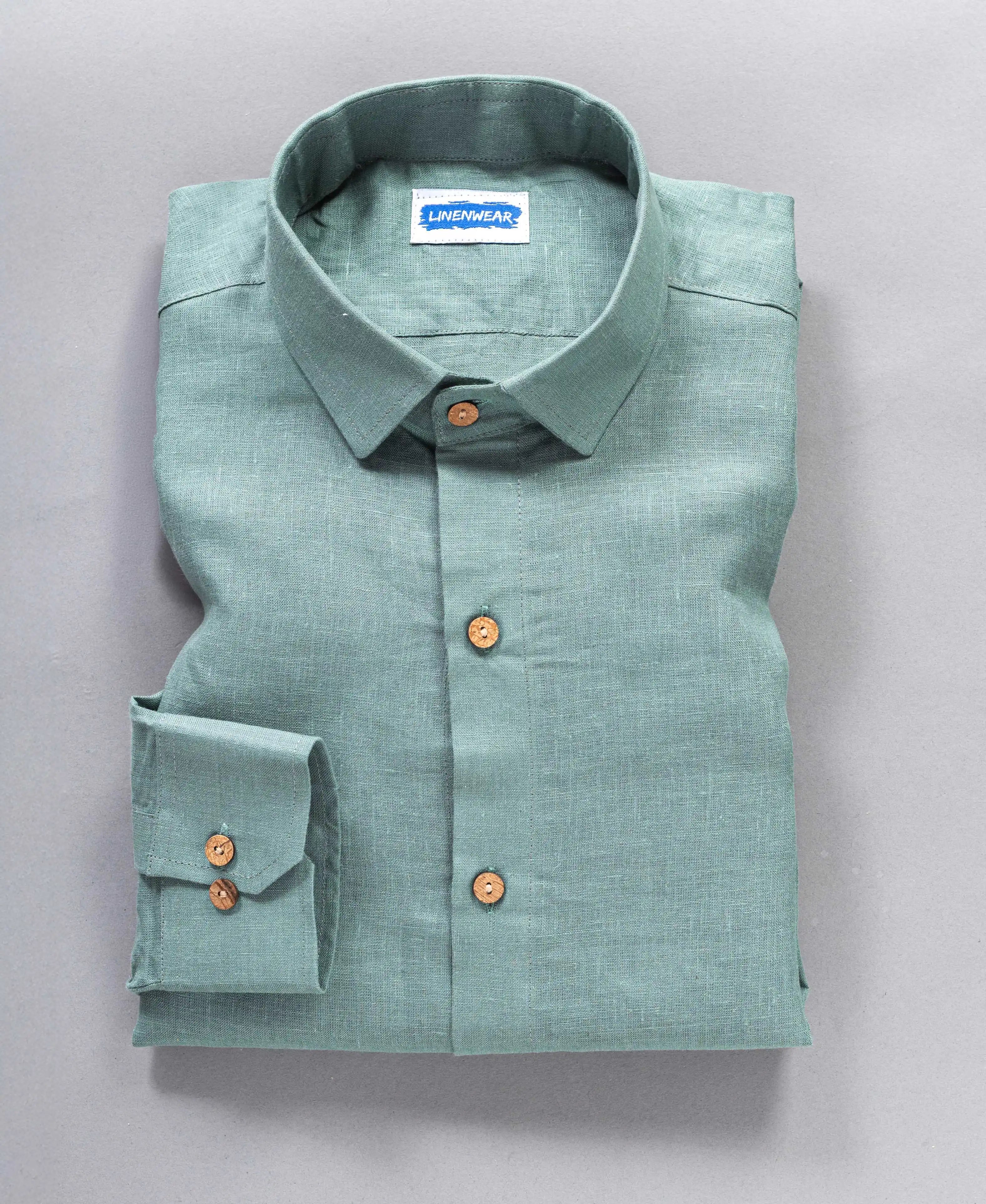 Full Sleeve Pure Linen Forest Mist Green Comfort Shirt