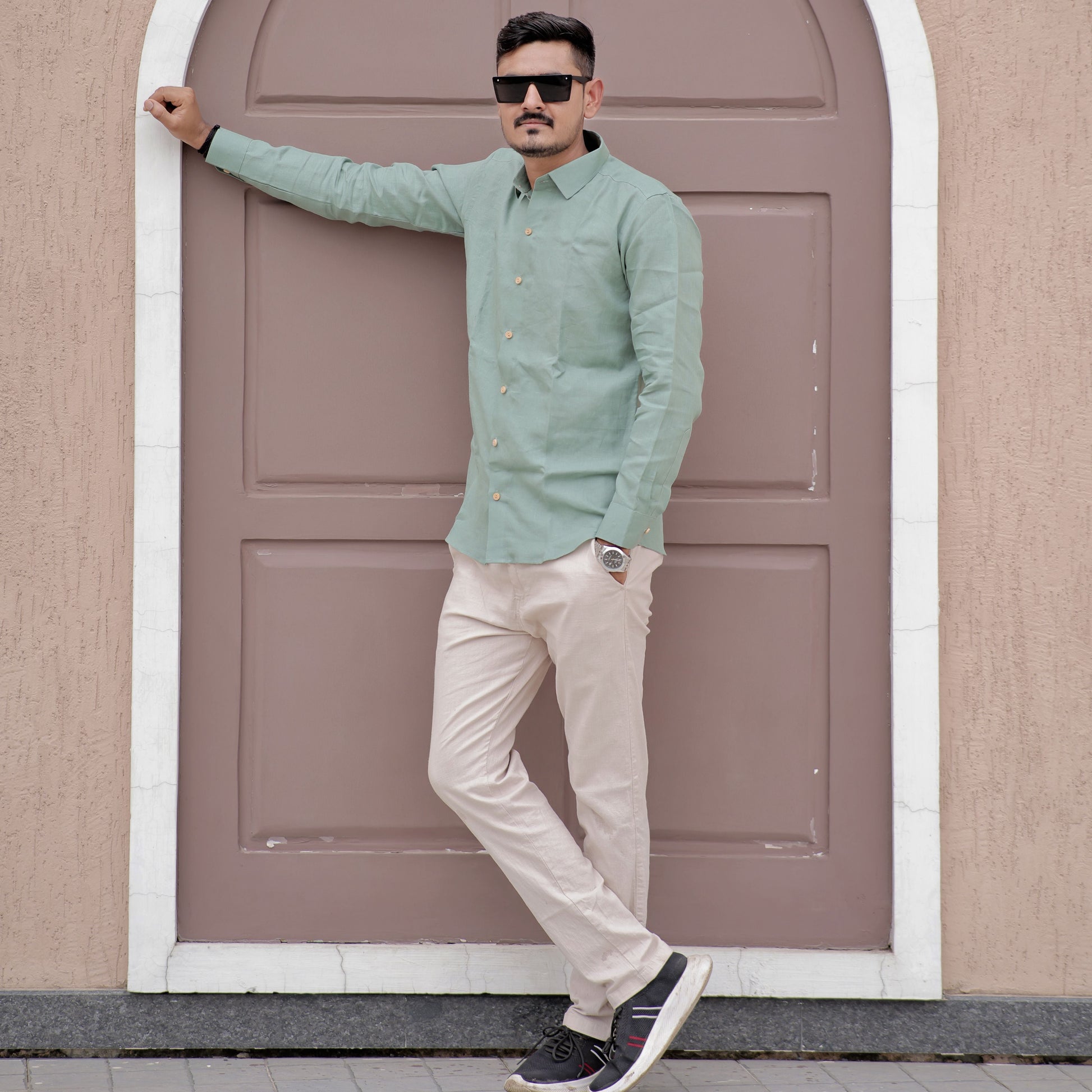 Full Sleeve Pure Linen Forest Mist Green Comfort Shirt