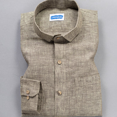 Earth Tone Taupe Brown Pure Linen Full Sleeve Shirt