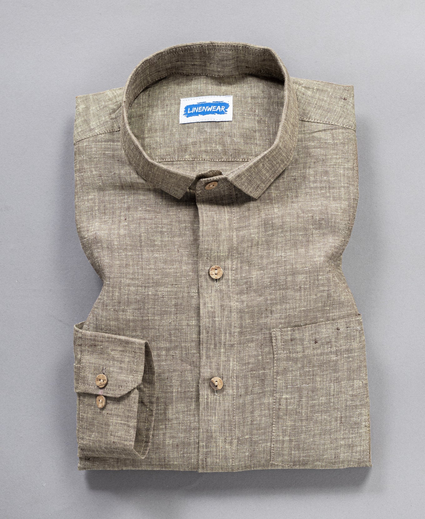 Earth Tone Taupe Brown Pure Linen Full Sleeve Shirt