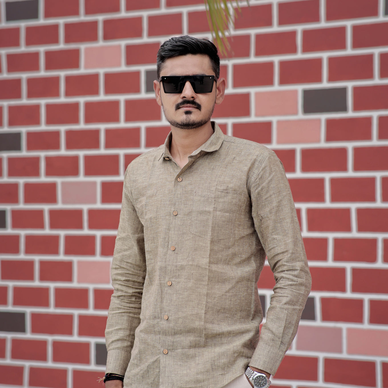 Earth Tone Taupe Brown Pure Linen Full Sleeve Shirt