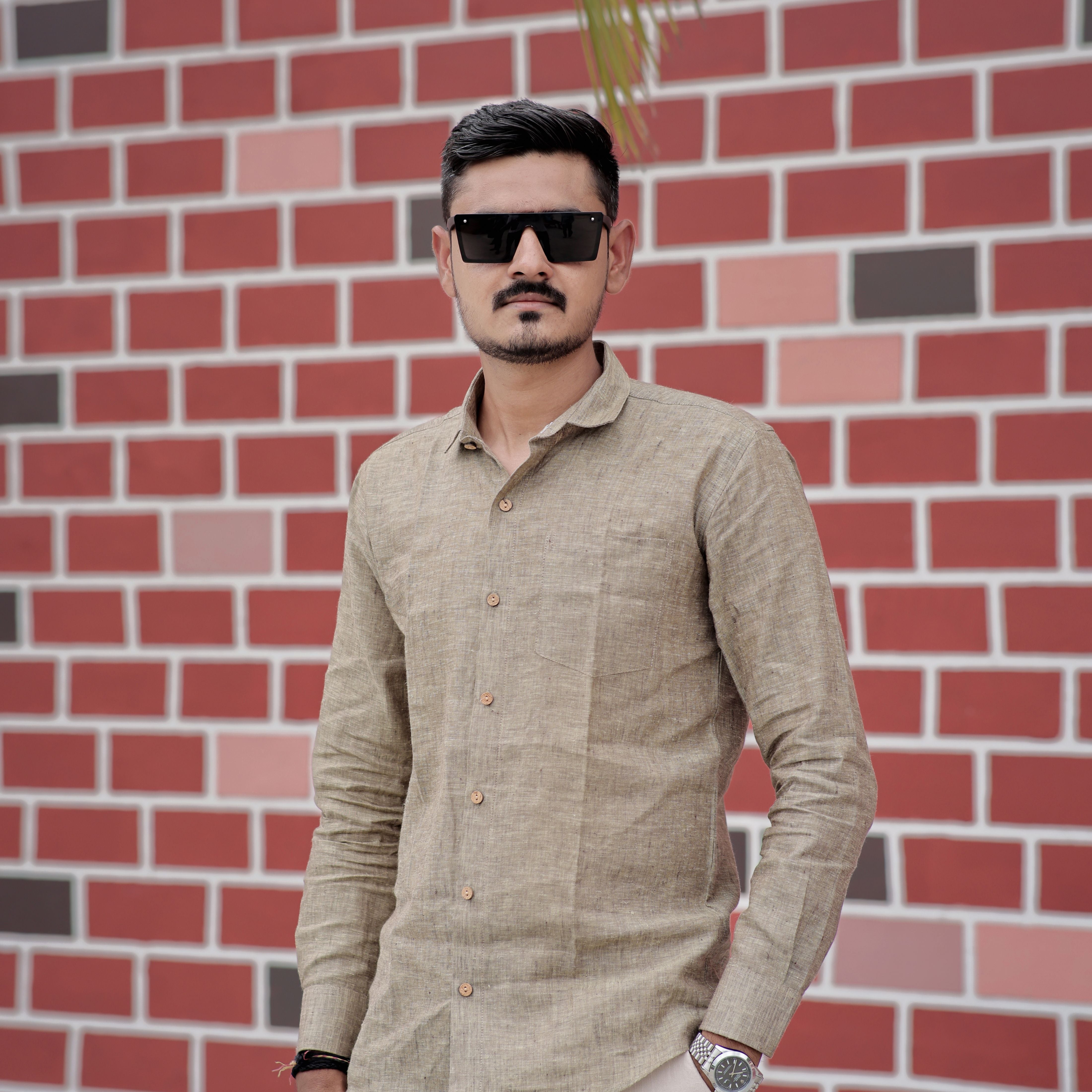 Earth Tone Taupe Brown Pure Linen Full Sleeve Shirt