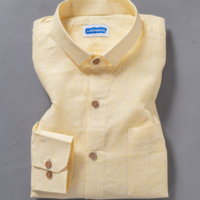 Light Yellow Full Sleeve Formal Wear Golden Dawn Pure Linen Shirt