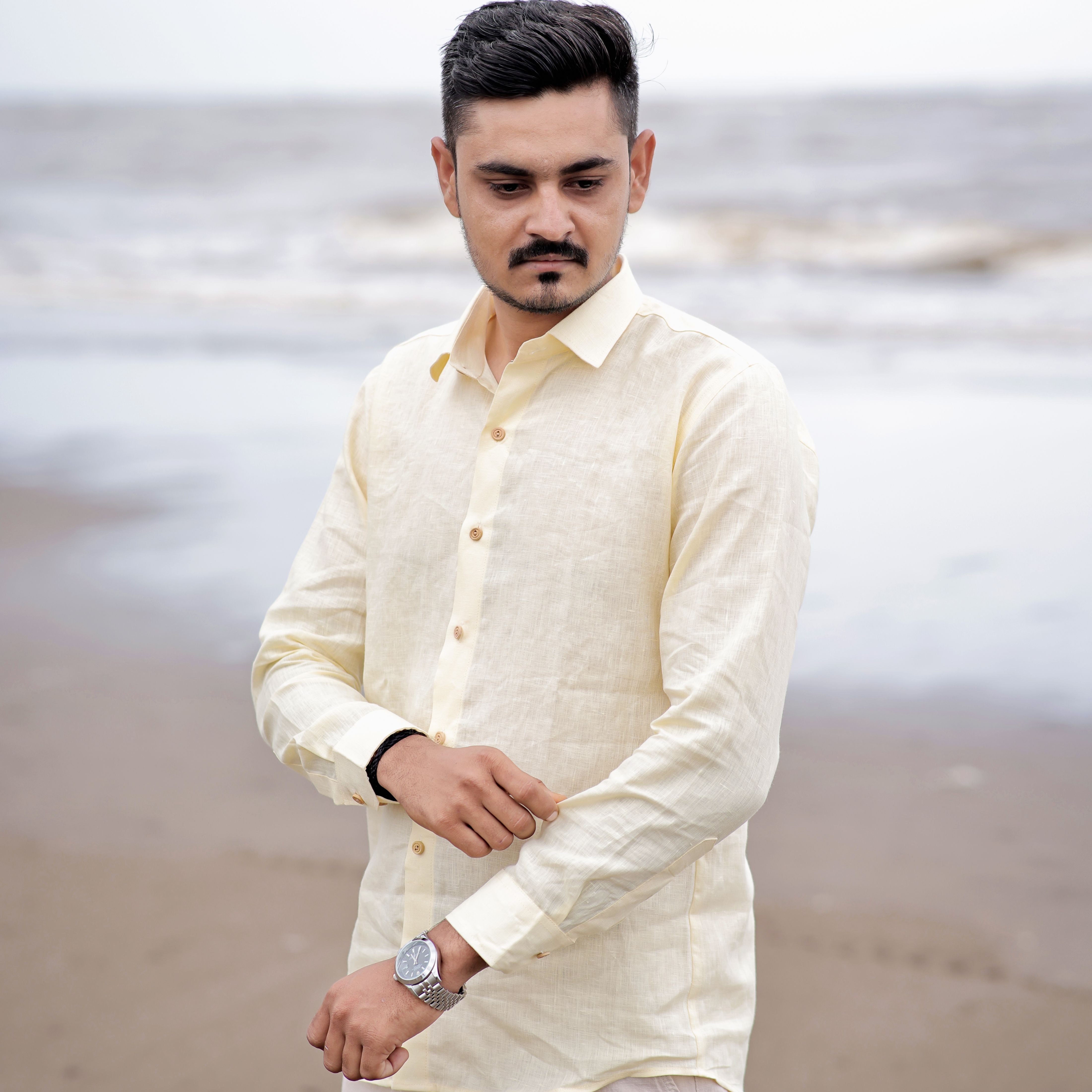 Light Yellow Full Sleeve Formal Wear Golden Dawn Pure Linen Shirt