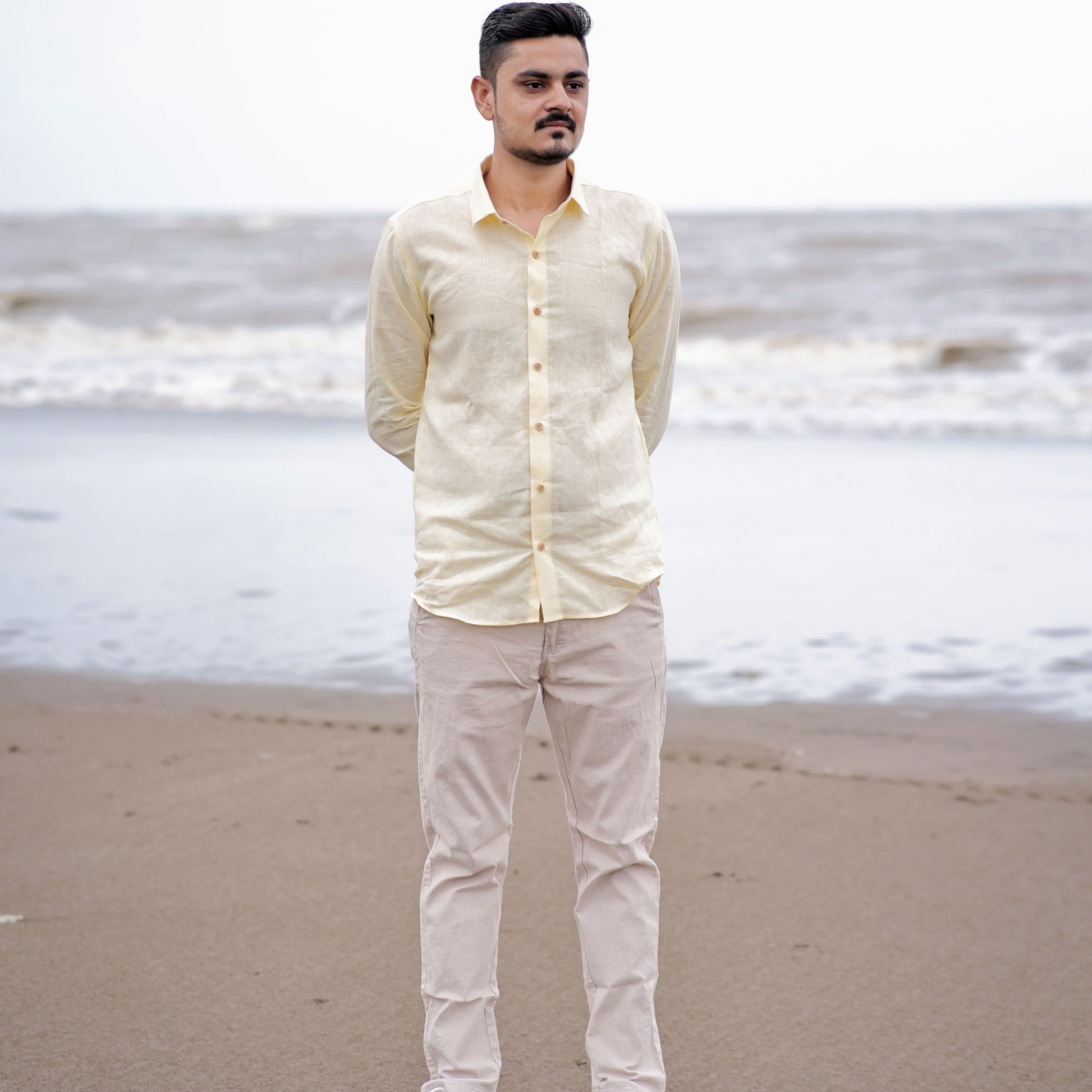 Light Yellow Full Sleeve Formal Wear Golden Dawn Pure Linen Shirt
