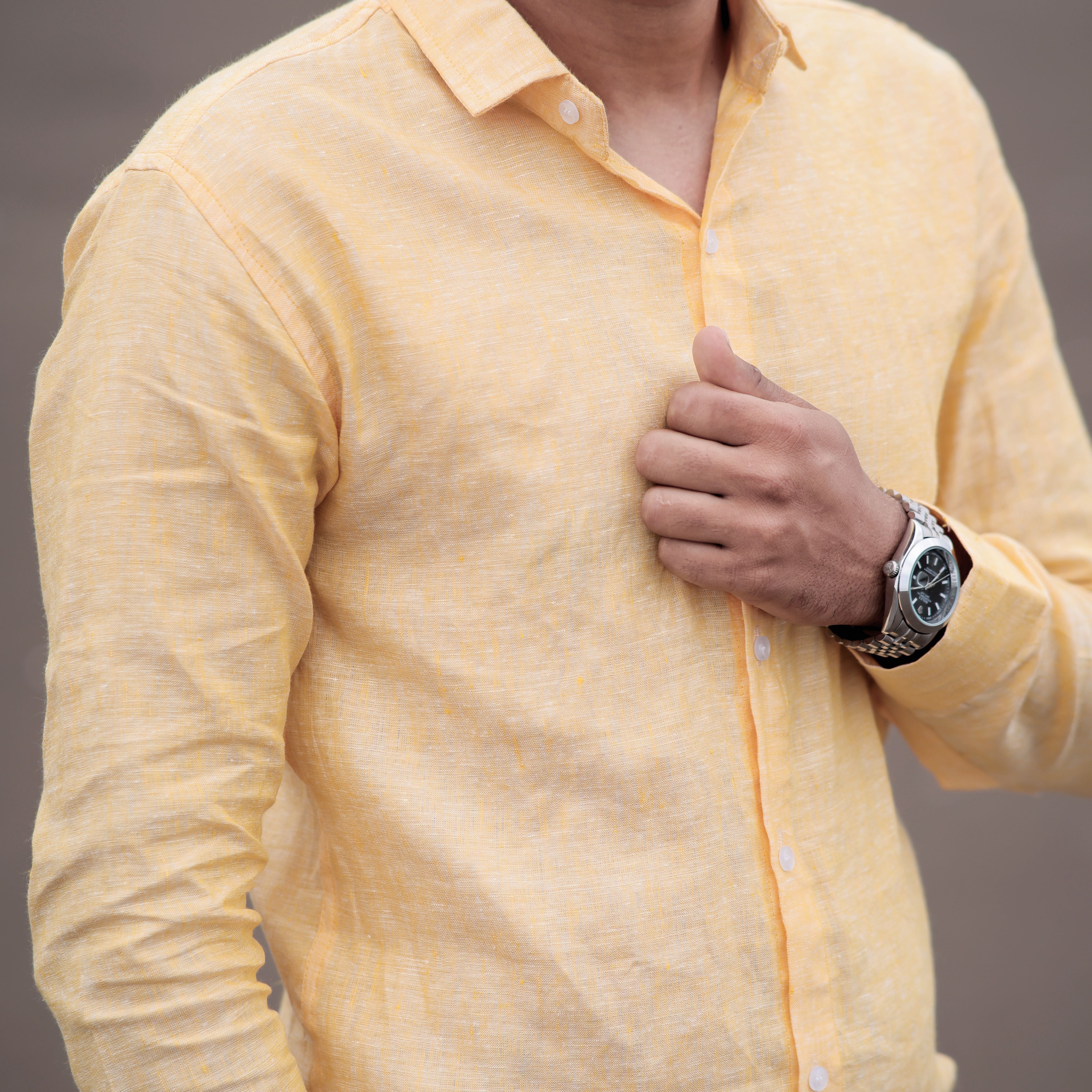 Sun Haze Pure Linen Pastel Yellow Regular Fit Shirt