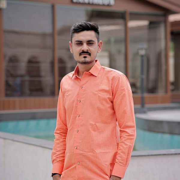 Coral Orange Pure Linen Casual Comfort Full Sleeve Shirt