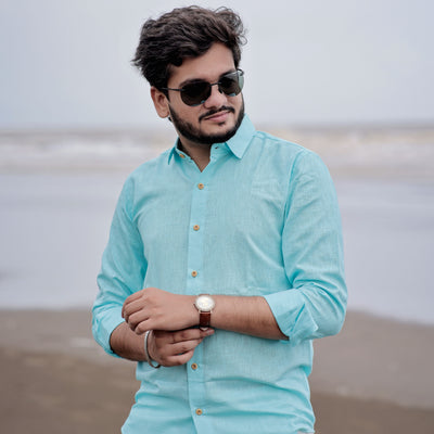Perfect Beachwear Turquoise Blue Pure Linen Shirt for Men