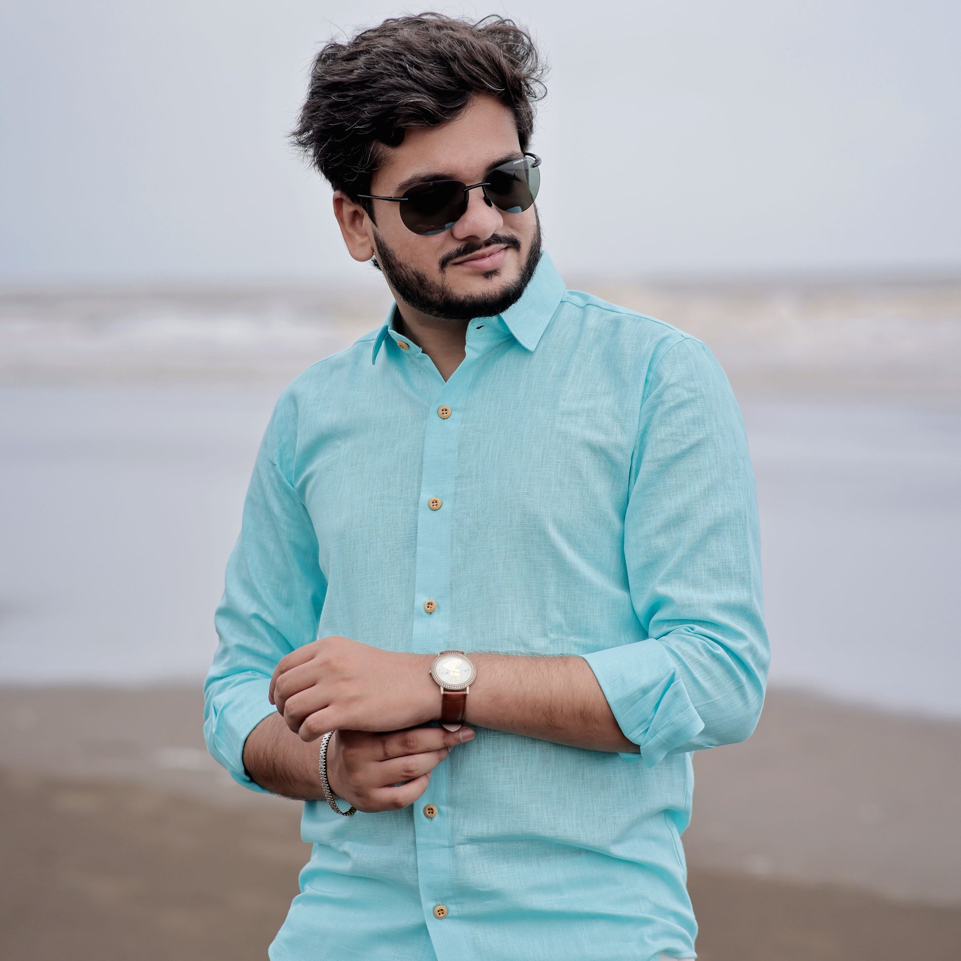 Perfect Beachwear Turquoise Blue Pure Linen Shirt for Men