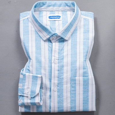 Breathable Cotton Linen Shirt for Men – Blue White Vertical Stripe Design