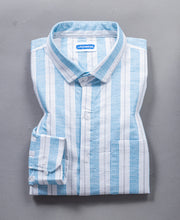 Breathable Cotton Linen Shirt for Men – Blue White Vertical Stripe Design
