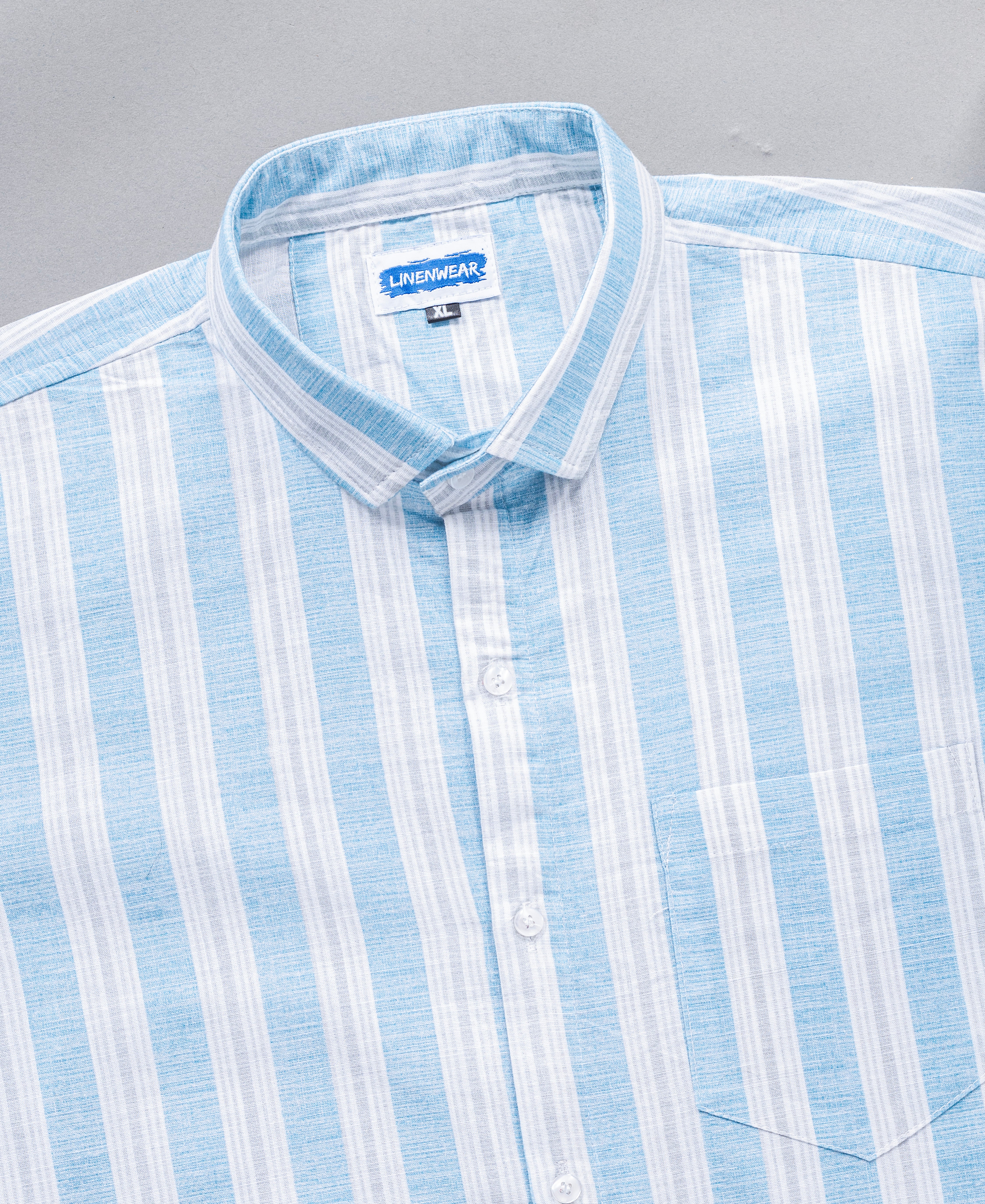 Breathable Cotton Linen Shirt for Men – Blue White Vertical Stripe Design