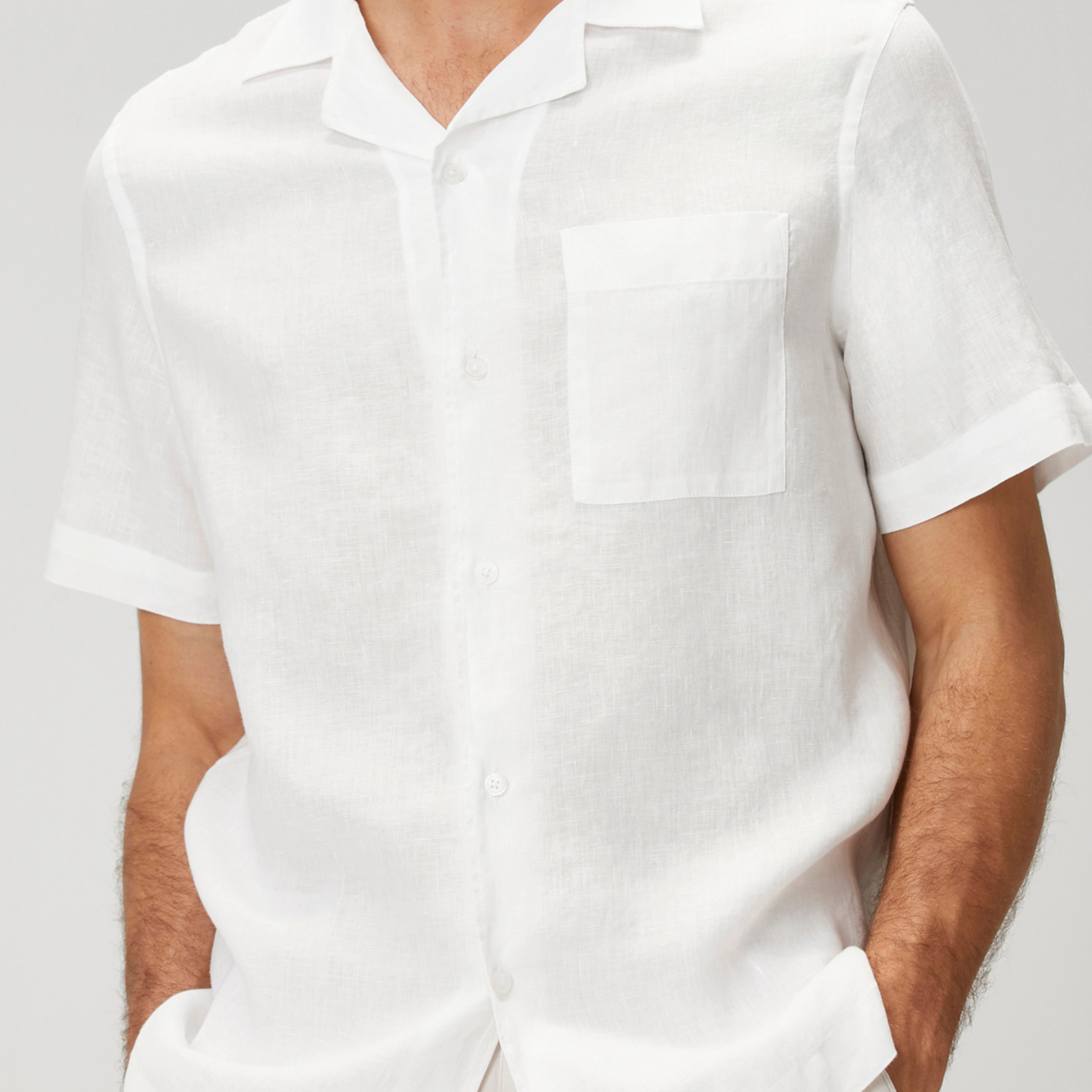 White Cotton Linen Shirt for Men Short Sleeve Spread Collar Summer Style
