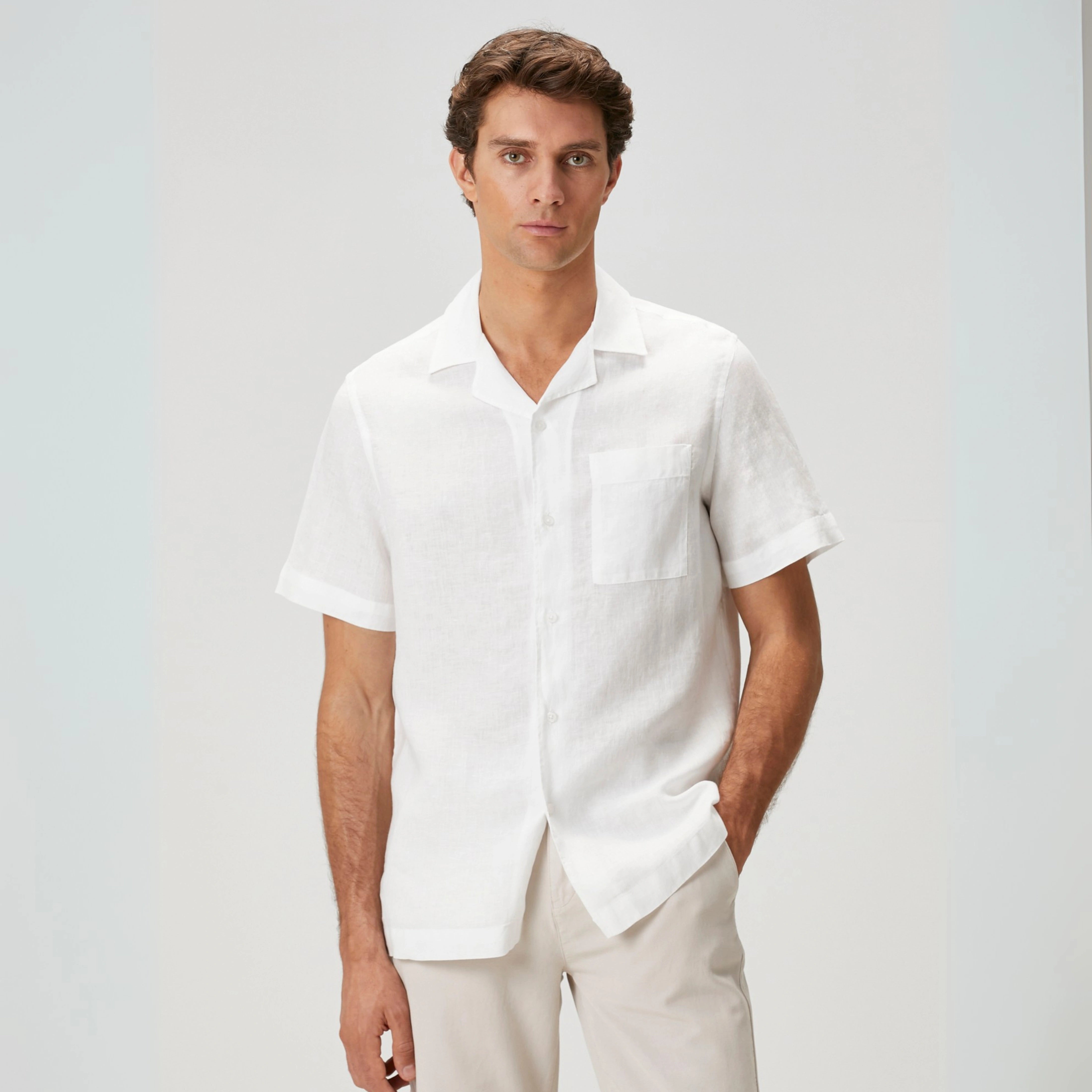 White Cotton Linen Shirt for Men Short Sleeve Spread Collar Summer Style