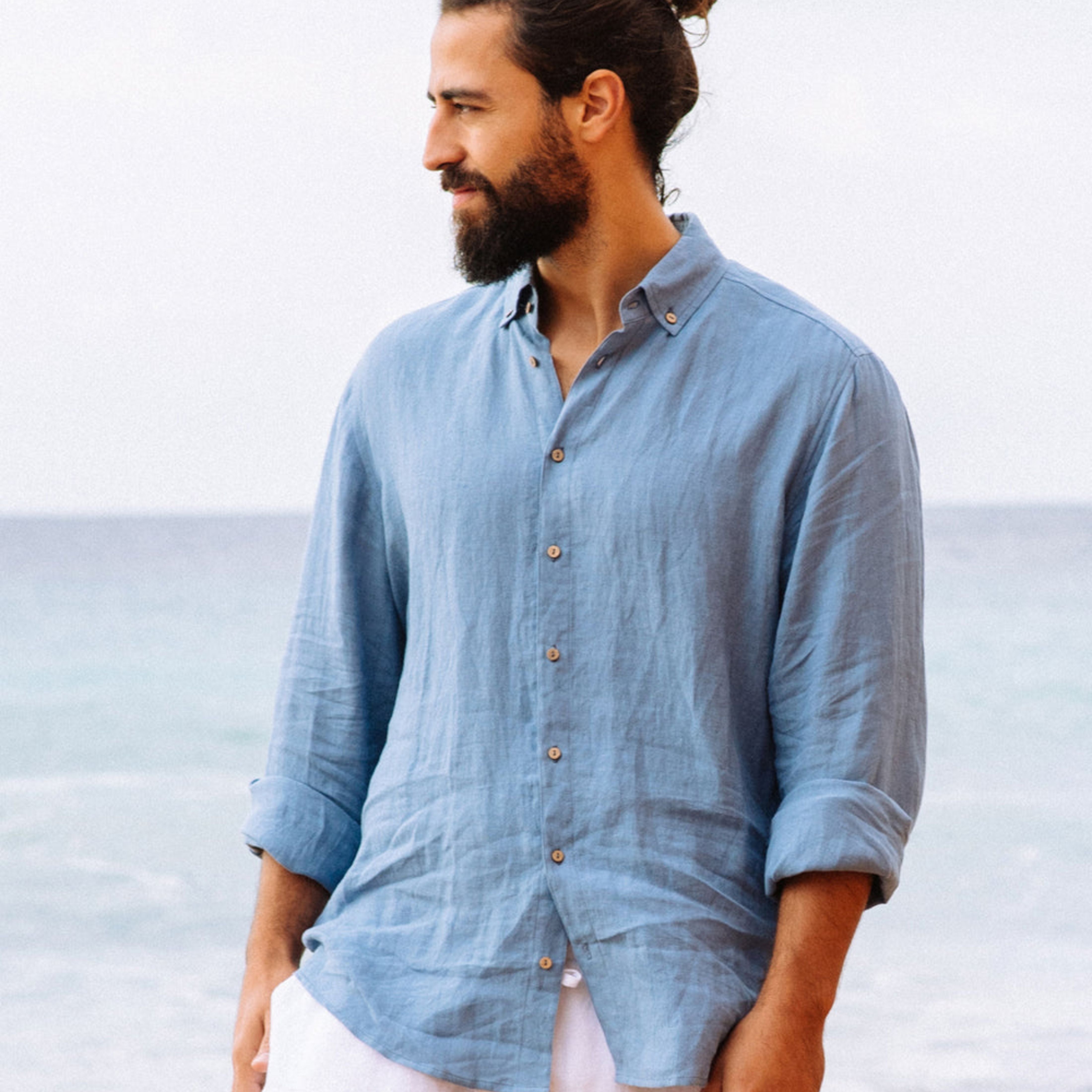Ocean Blue Long Sleeve Linen Shirt