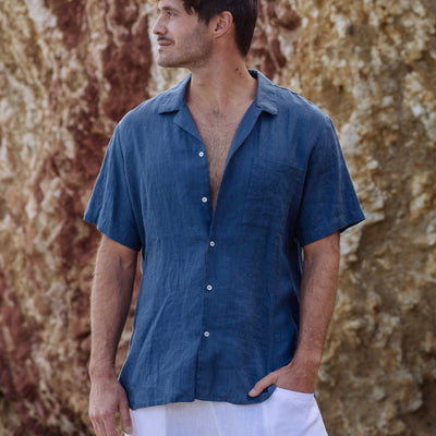 Deep Navy Pure Linen Camp Collar Shirt