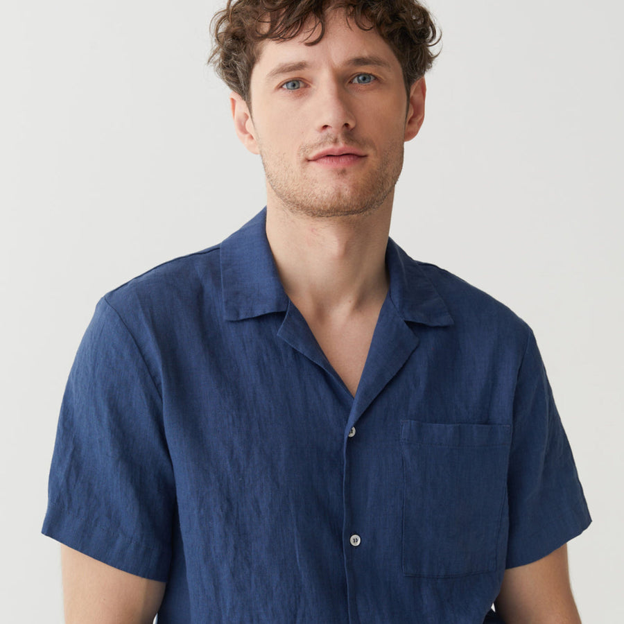 Deep Navy Pure Linen Camp Collar Shirt