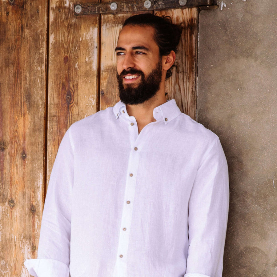 White Cotton Linen Blend Shirt for Men – Button Down Casual Long Sleeve Shirt