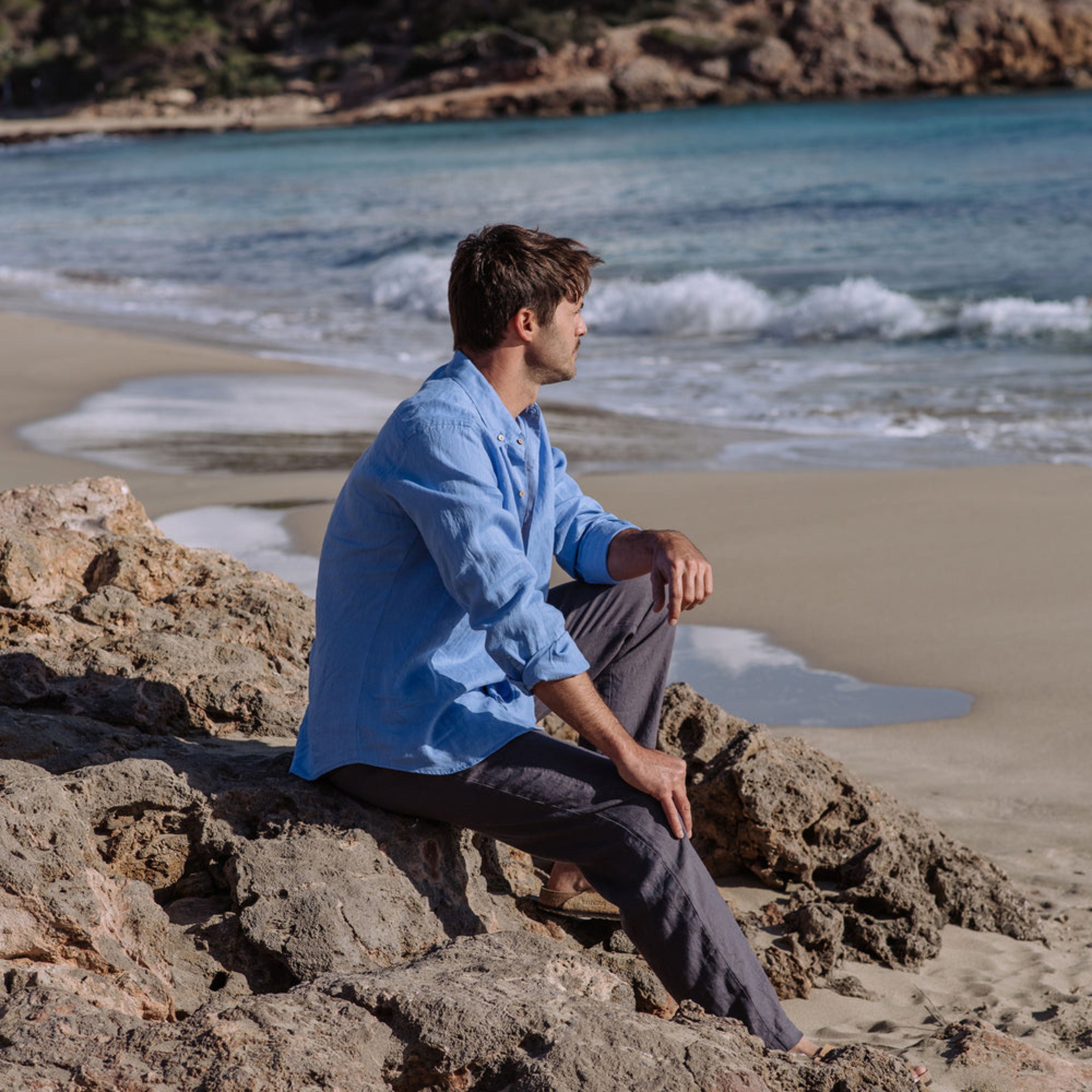 Pacific Blue Long Sleeve Linen Shirt