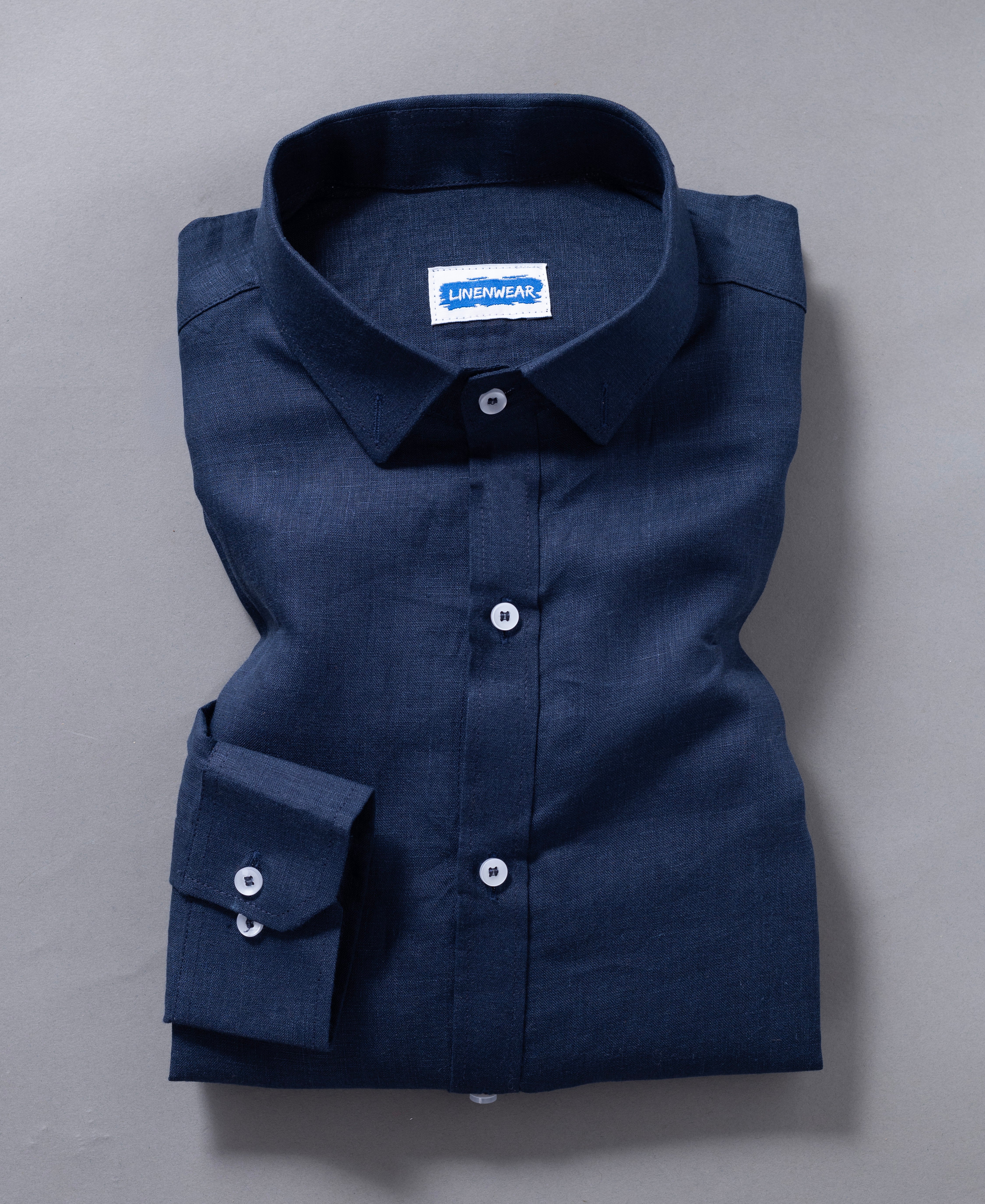 Solid Navy Blue Pure Linen Long Sleeve Shirt