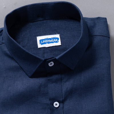 Solid Navy Blue Pure Linen Long Sleeve Shirt