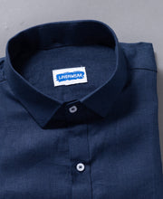 Solid Navy Blue Pure Linen Long Sleeve Shirt