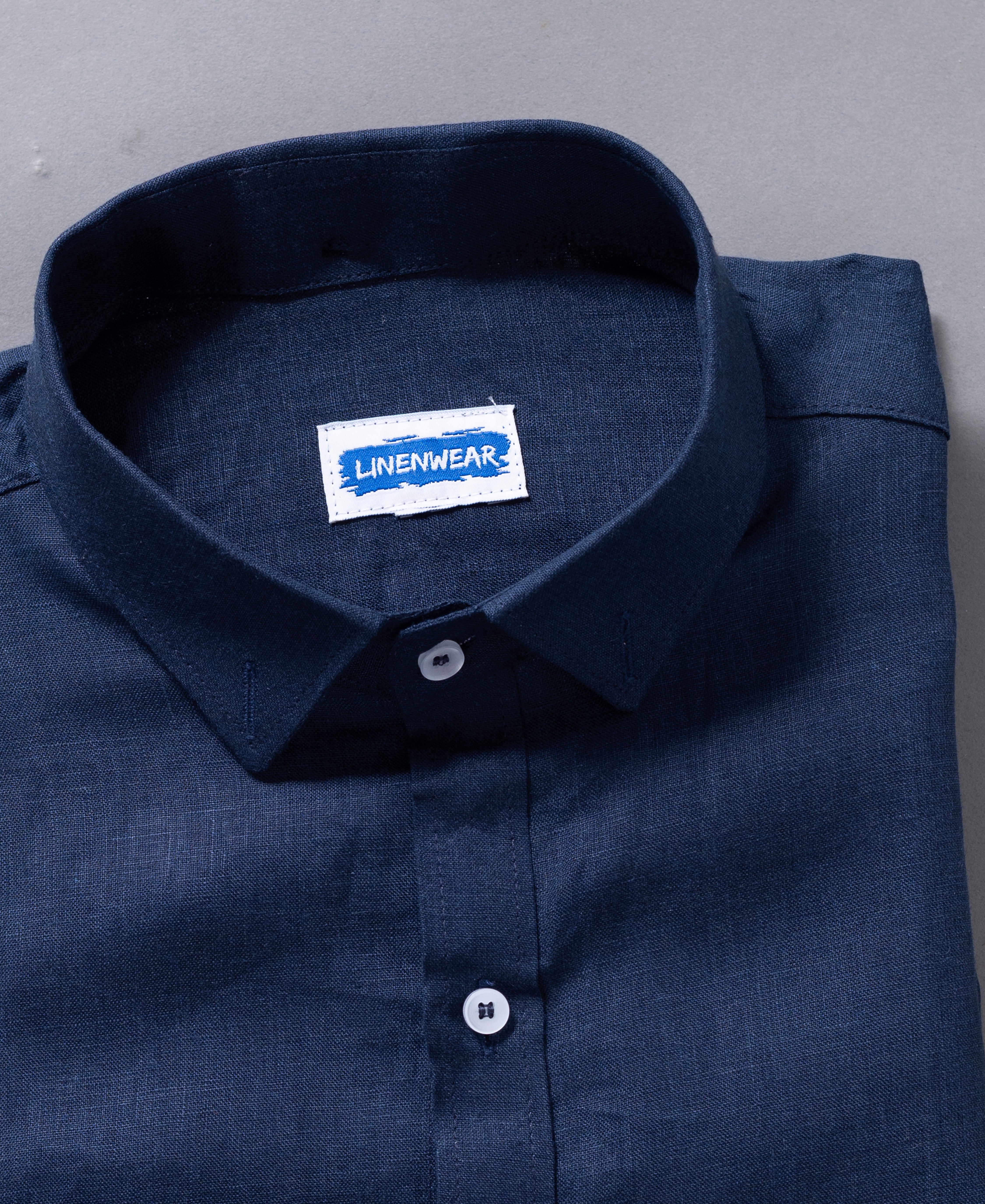 Solid Navy Blue Pure Linen Long Sleeve Shirt