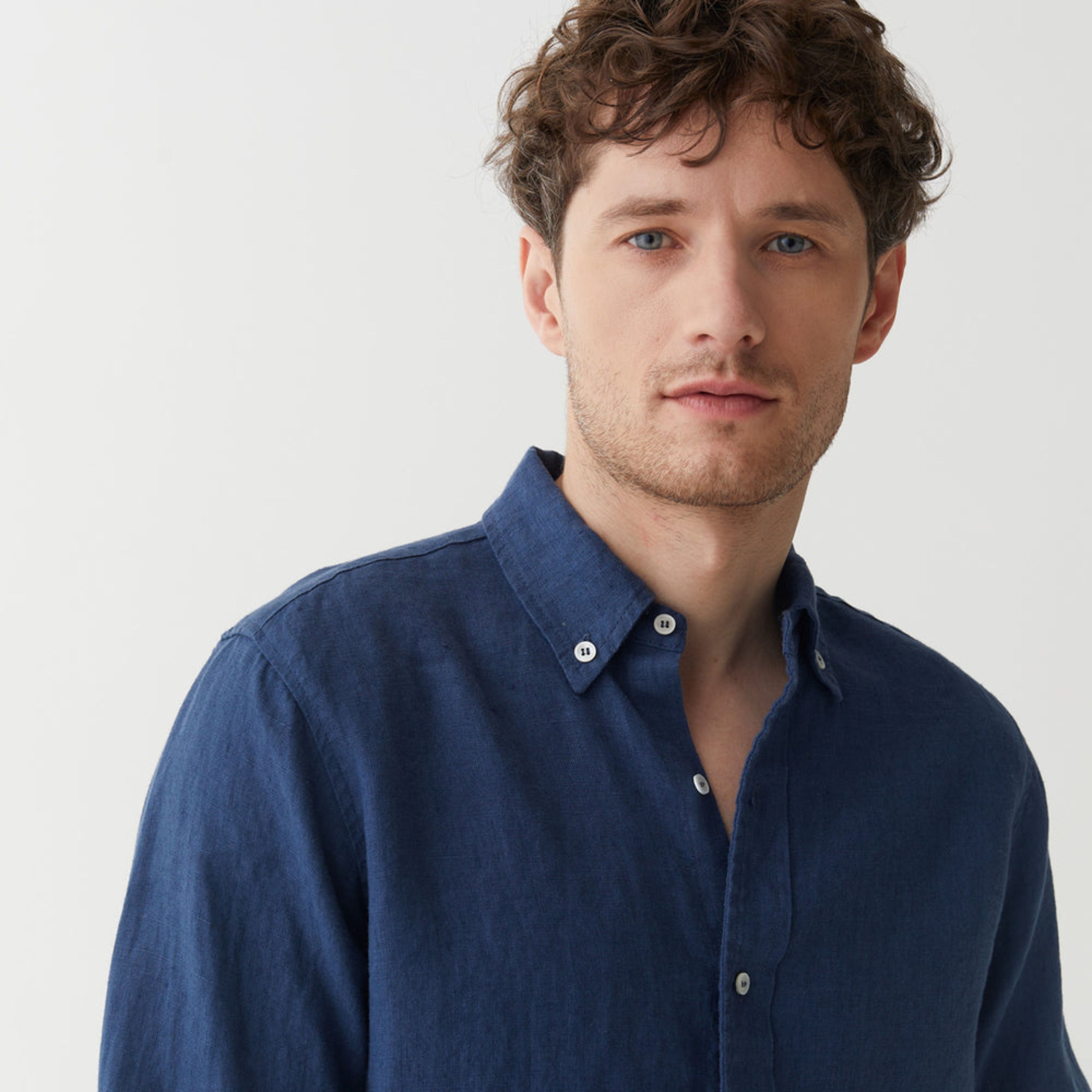 Solid Navy Blue Pure Linen Long Sleeve Shirt