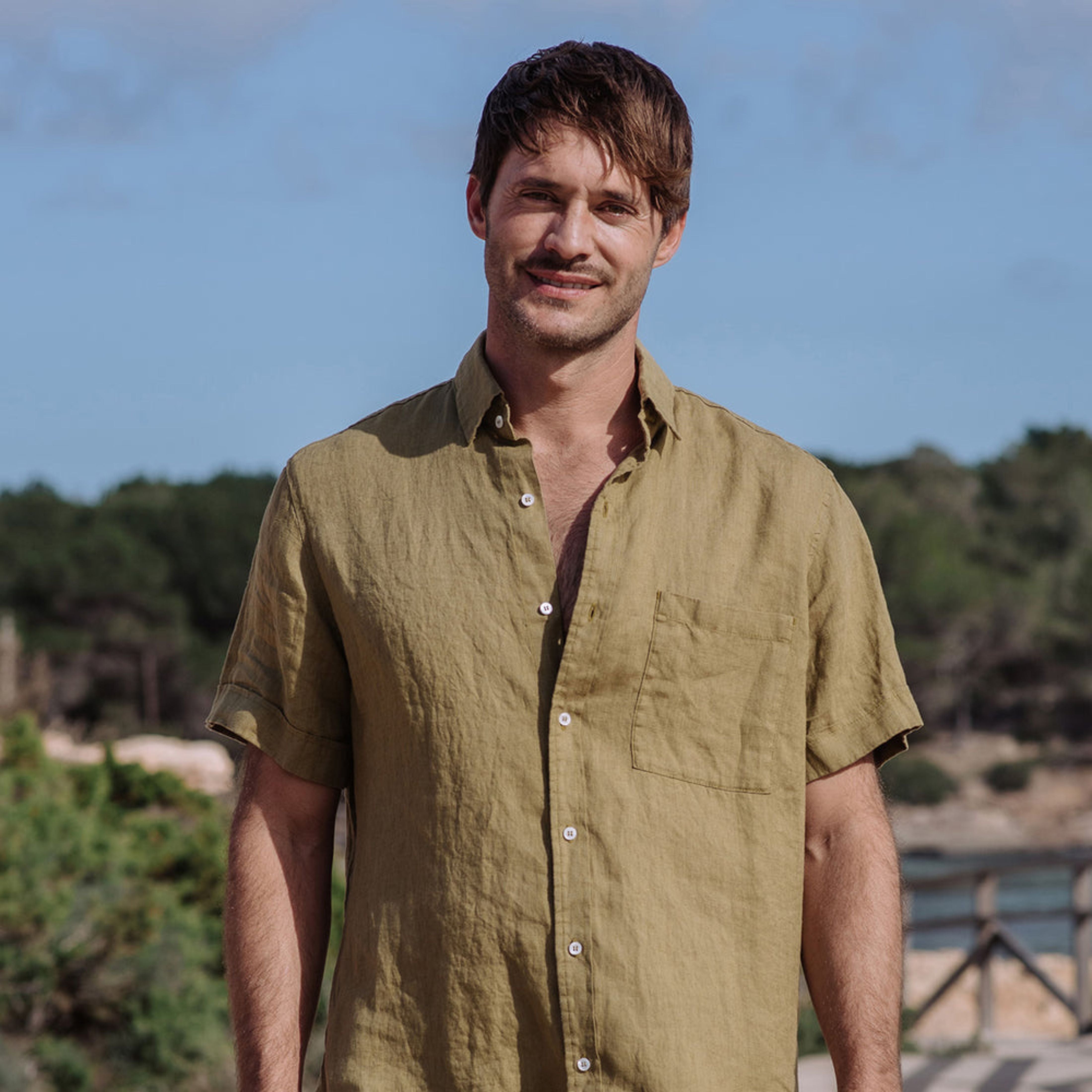Khaki Green Short Sleeve Linen Shirt