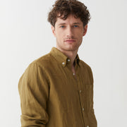 Khaki Green Linen Long Sleeve Shirt - Linen Wear