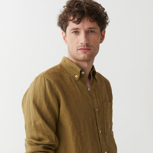 Khaki Green Linen Long Sleeve Shirt - Linen Wear