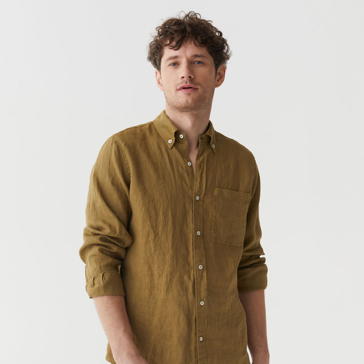 Khaki Green Linen Long Sleeve Shirt - Linen Wear