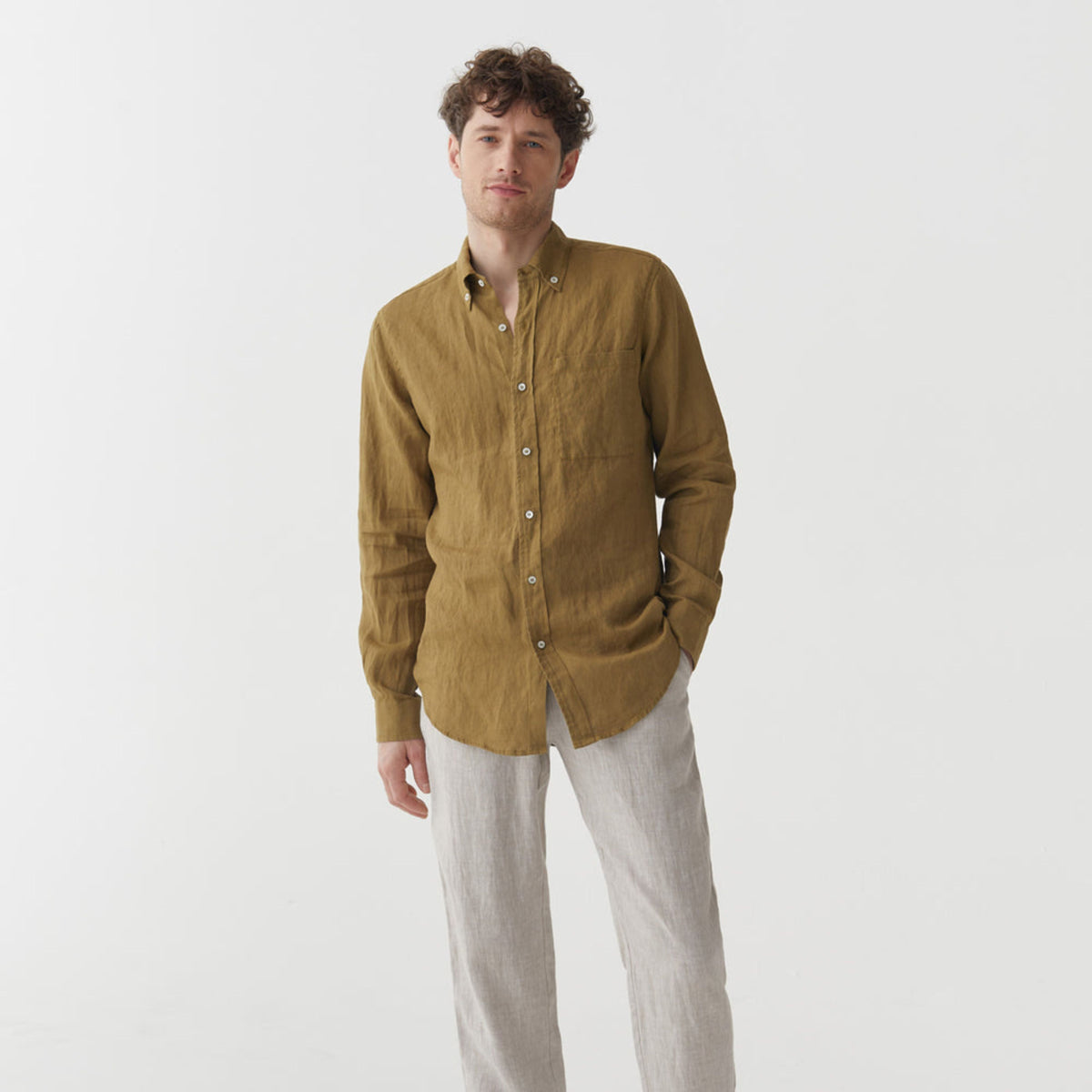 Khaki Green Linen Long Sleeve Shirt - Linen Wear
